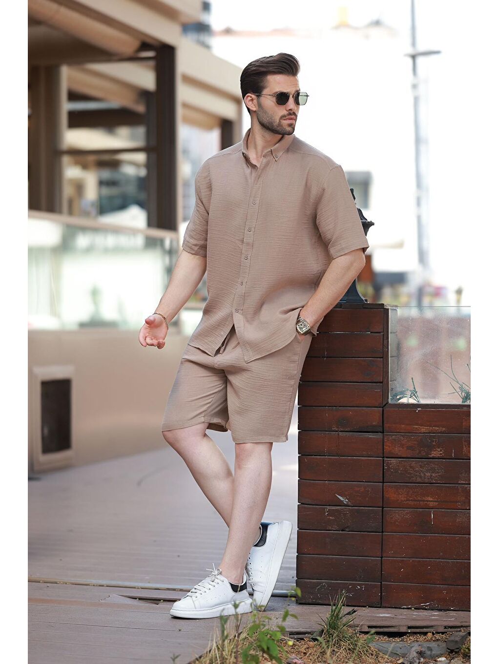 Kahverengi Camel Basic Erkek Şort Gömlek Takım E7321