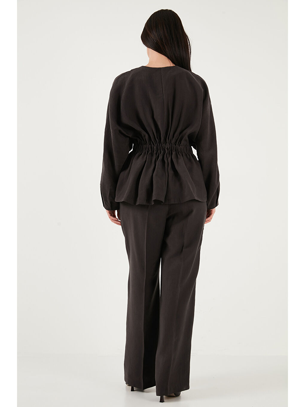 Kahverengi Düğmeli Bisiklet Yaka Yüksek Bel Geniş Paça Kadın Takım 6928930-6