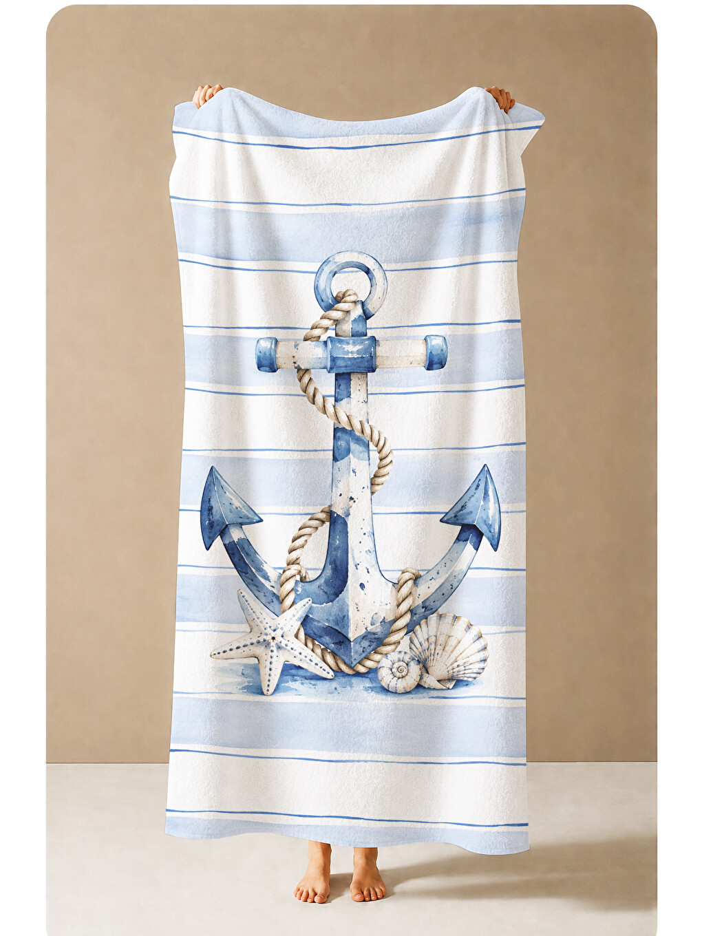 Nautical Çapa Halat Mavi Beyaz Çizgili Desenli 70x150 Plaj Havlusu - Dijital Baskılı Banyo Havlusu-3