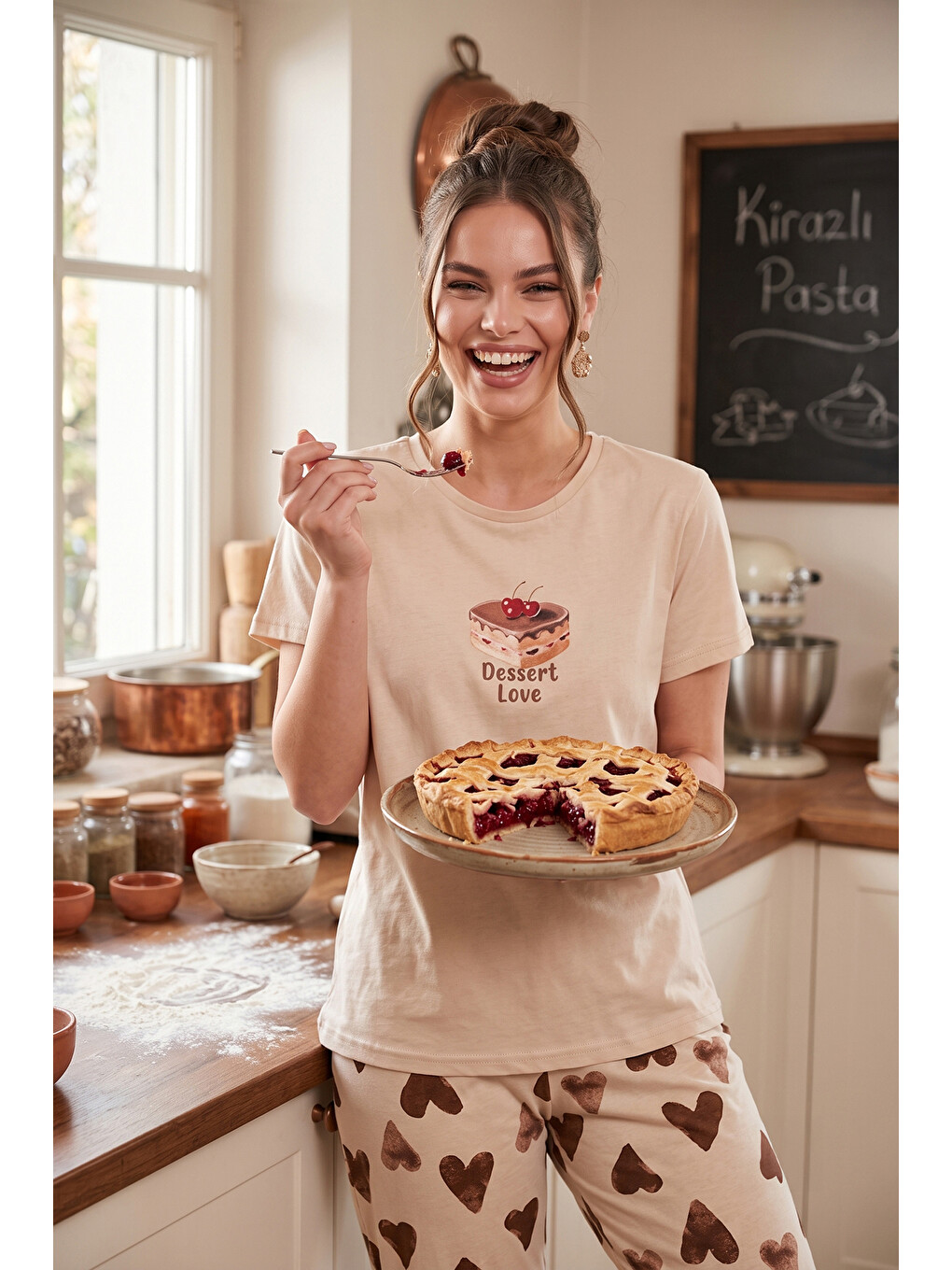Kahverengi % 100 Pamuk Regular Fit Desenli Bisiklet Yaka Kadın Pijama Takımı 65790784