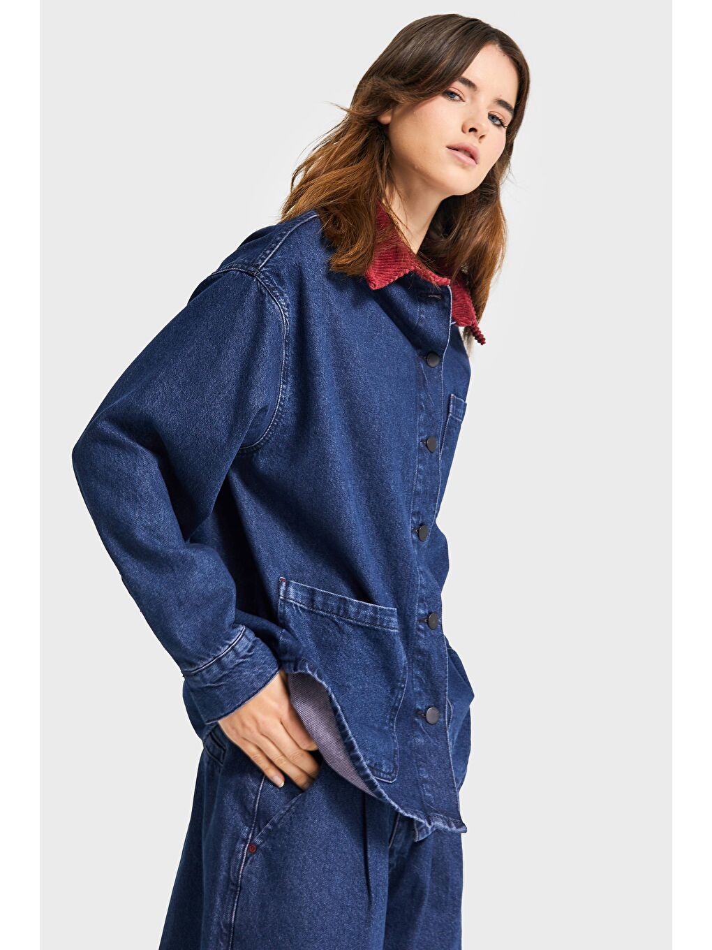 Kadın Koyu Mavi Renk 1w5-149 Oversize Yaka Detaylı Bol Kesim Özel Tasarım Denim Ceket-2