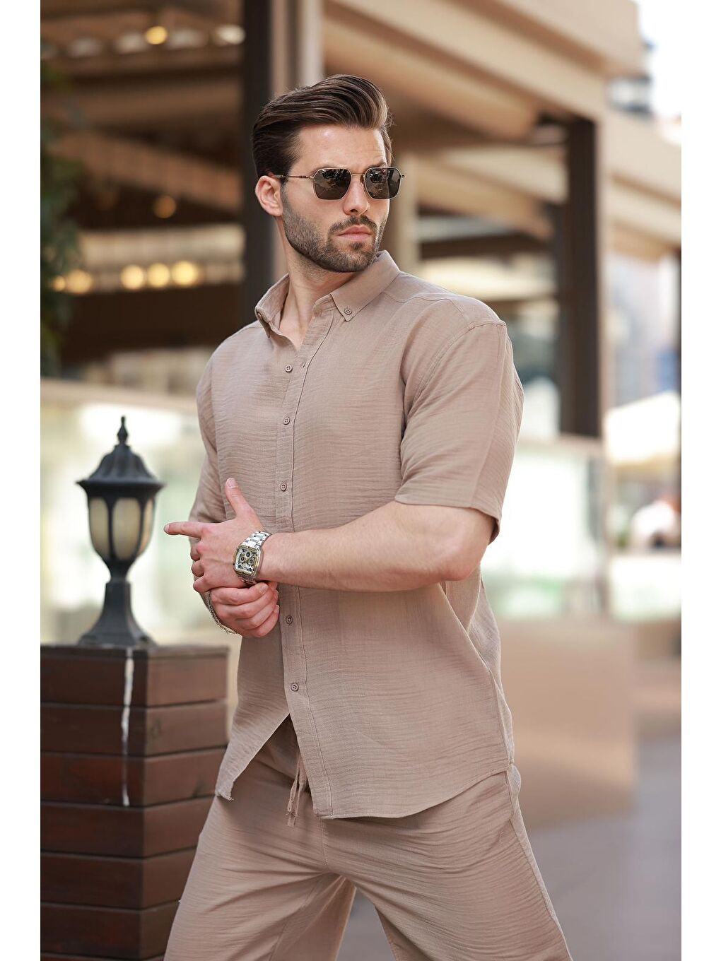 Kahverengi Camel Basic Erkek Şort Gömlek Takım E7321-1