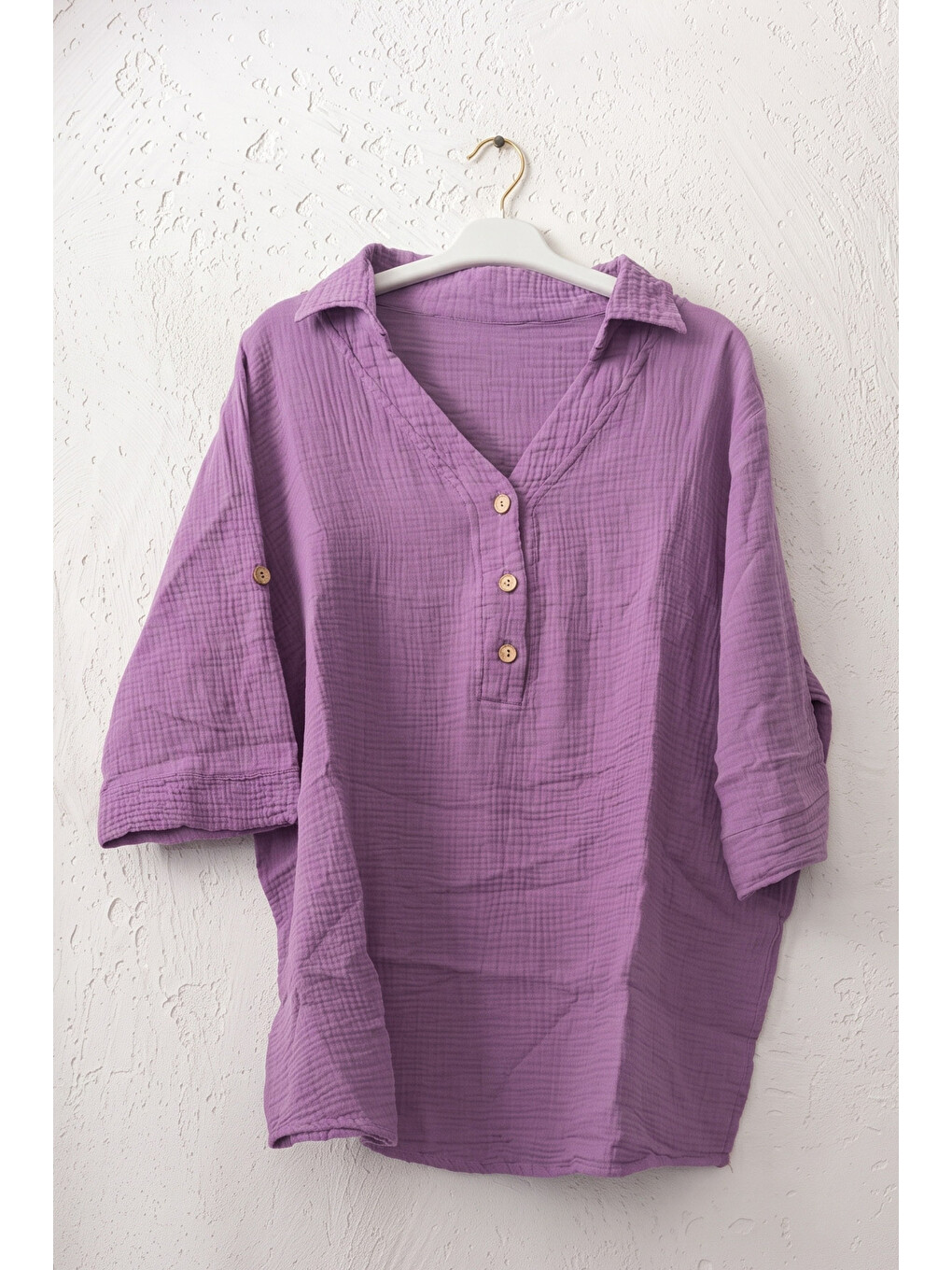 Lila Gömlek Yaka Düğmeli 3/4 Kol Casual Müslin Oversize Dokuma 67 67-1