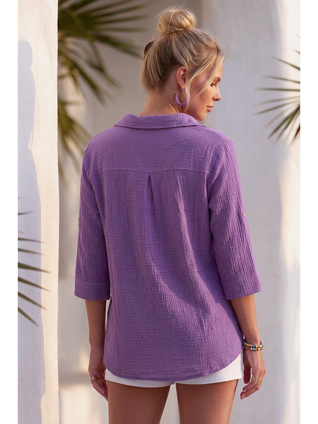 Lila Gömlek Yaka Düğmeli 3/4 Kol Casual Müslin Oversize Dokuma 67 67-2