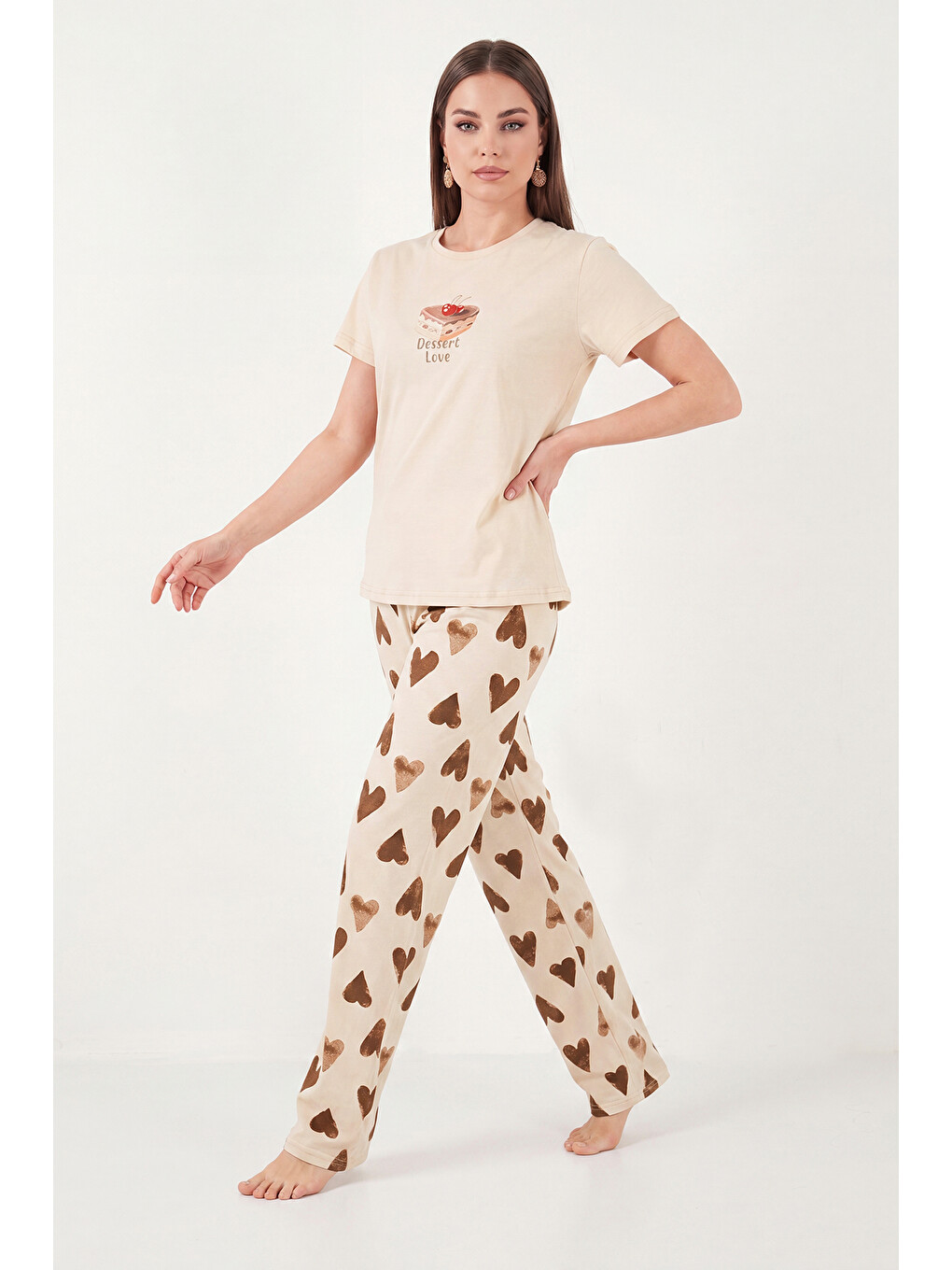 Kahverengi % 100 Pamuk Regular Fit Desenli Bisiklet Yaka Kadın Pijama Takımı 65790784-1