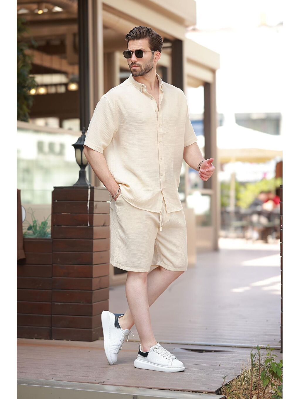 Bej Basic Erkek Şort Gömlek Takım E7321