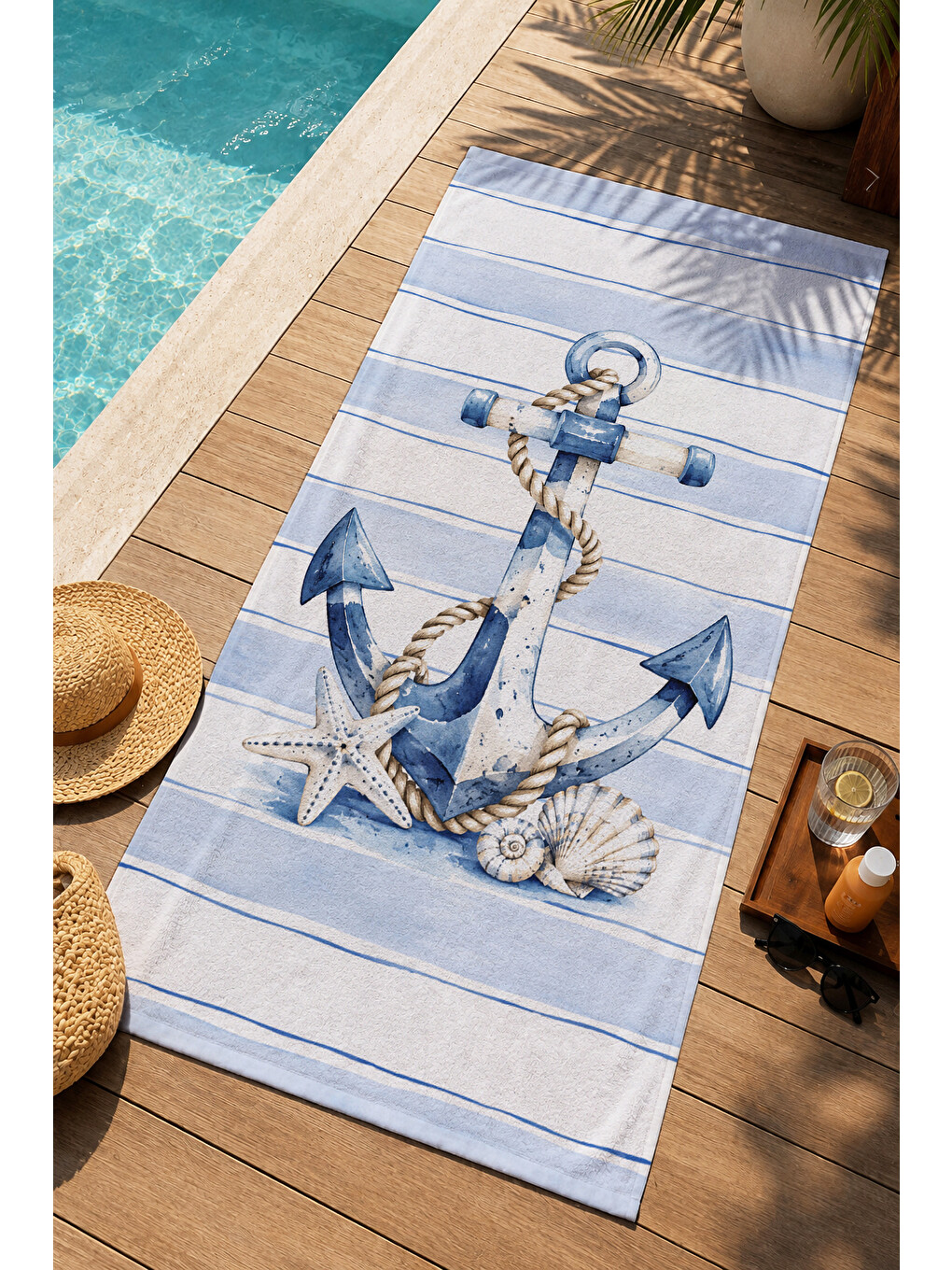 Nautical Çapa Halat Mavi Beyaz Çizgili Desenli 70x150 Plaj Havlusu - Dijital Baskılı Banyo Havlusu-4