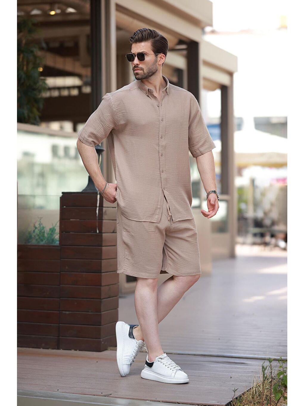 Kahverengi Camel Basic Erkek Şort Gömlek Takım E7321-2