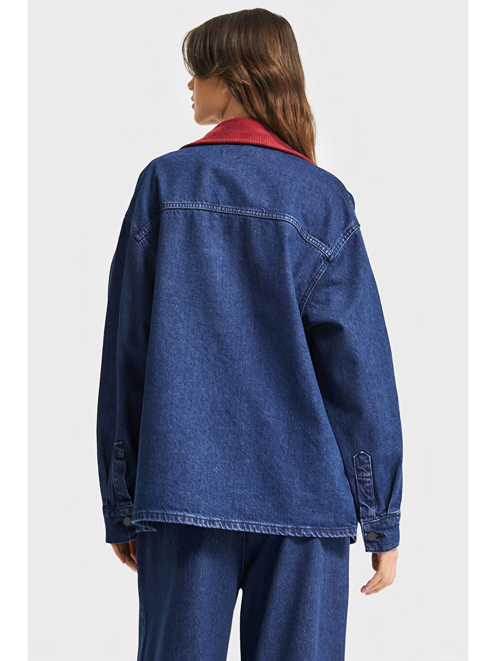 Kadın Koyu Mavi Renk 1w5-149 Oversize Yaka Detaylı Bol Kesim Özel Tasarım Denim Ceket-3