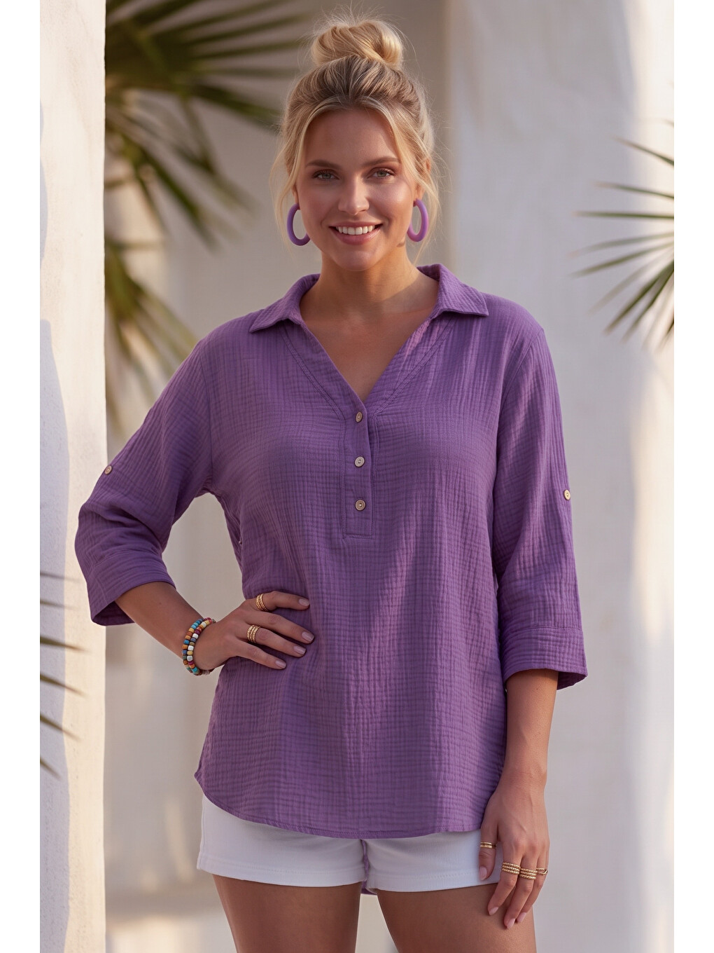 Lila Gömlek Yaka Düğmeli 3/4 Kol Casual Müslin Oversize Dokuma 67 67-4