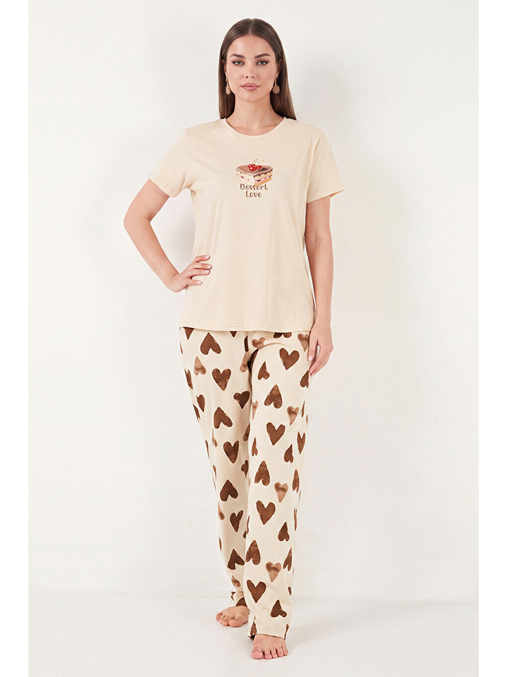 Kahverengi % 100 Pamuk Regular Fit Desenli Bisiklet Yaka Kadın Pijama Takımı 65790784-2
