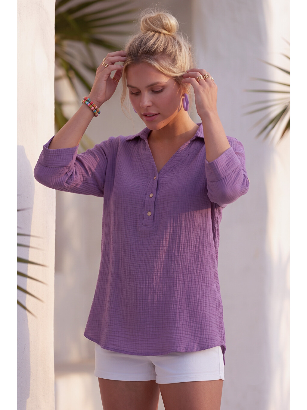 Lila Gömlek Yaka Düğmeli 3/4 Kol Casual Müslin Oversize Dokuma 67 67-5