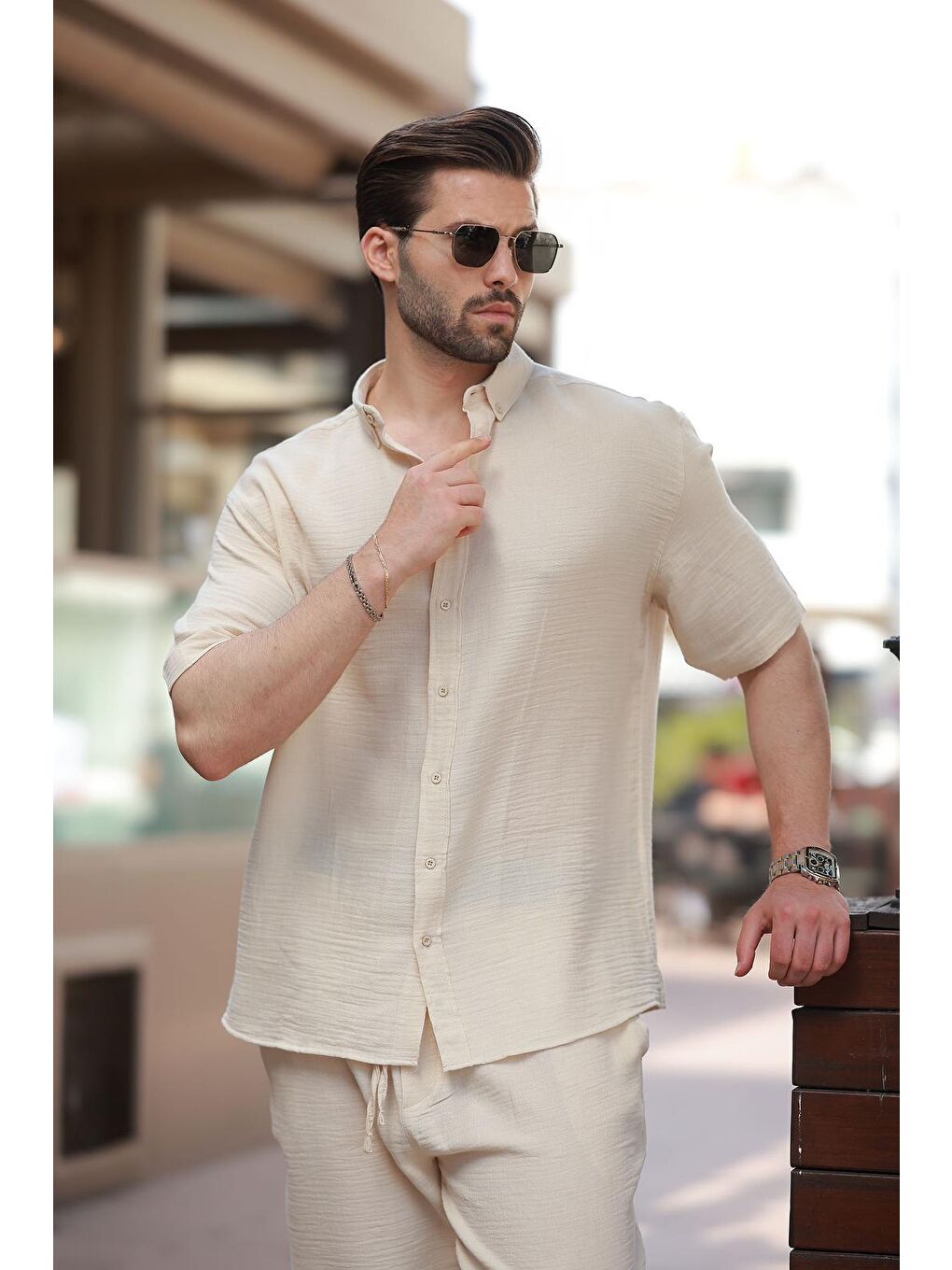 Bej Basic Erkek Şort Gömlek Takım E7321-1