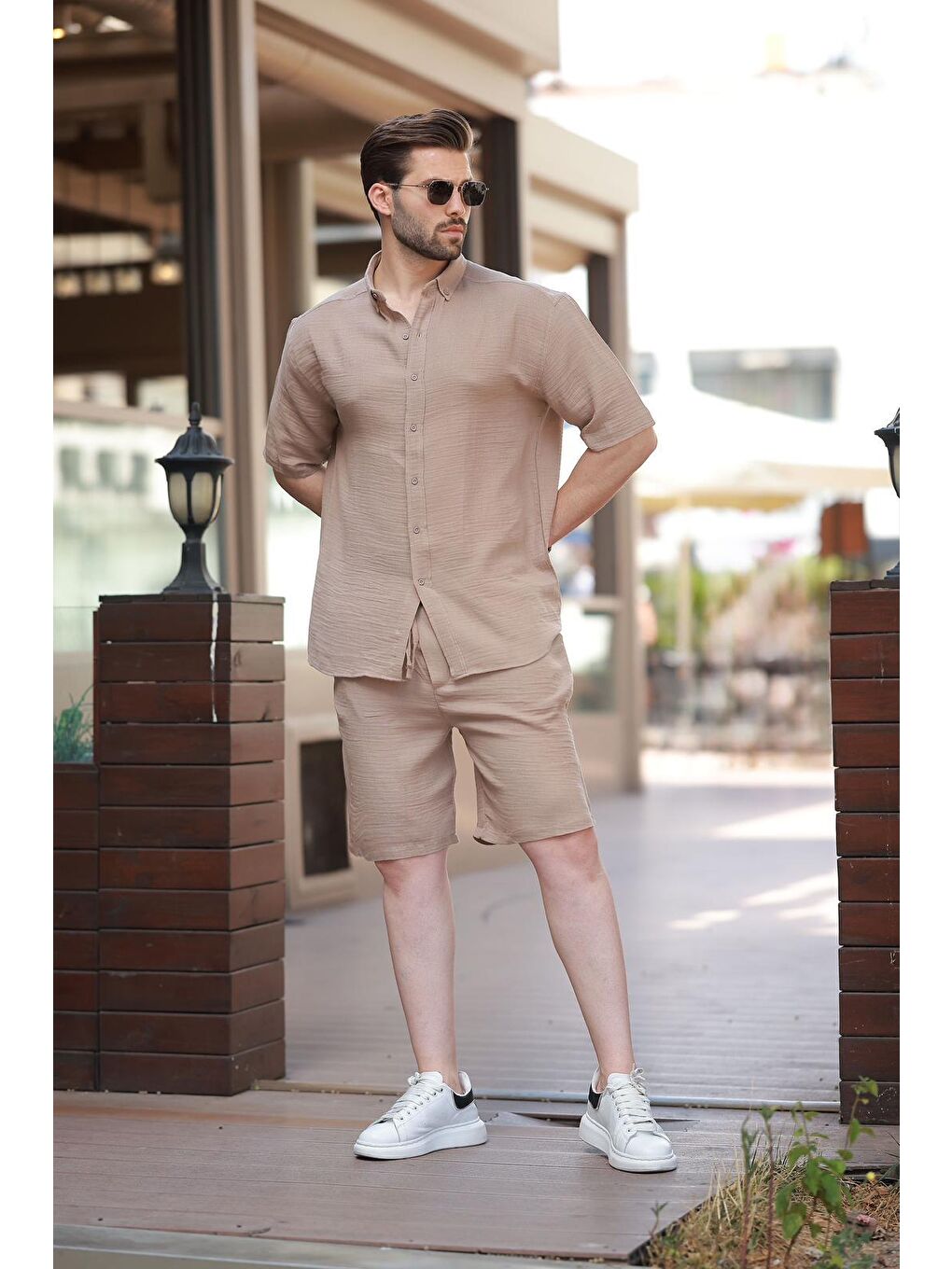 Kahverengi Camel Basic Erkek Şort Gömlek Takım E7321-3