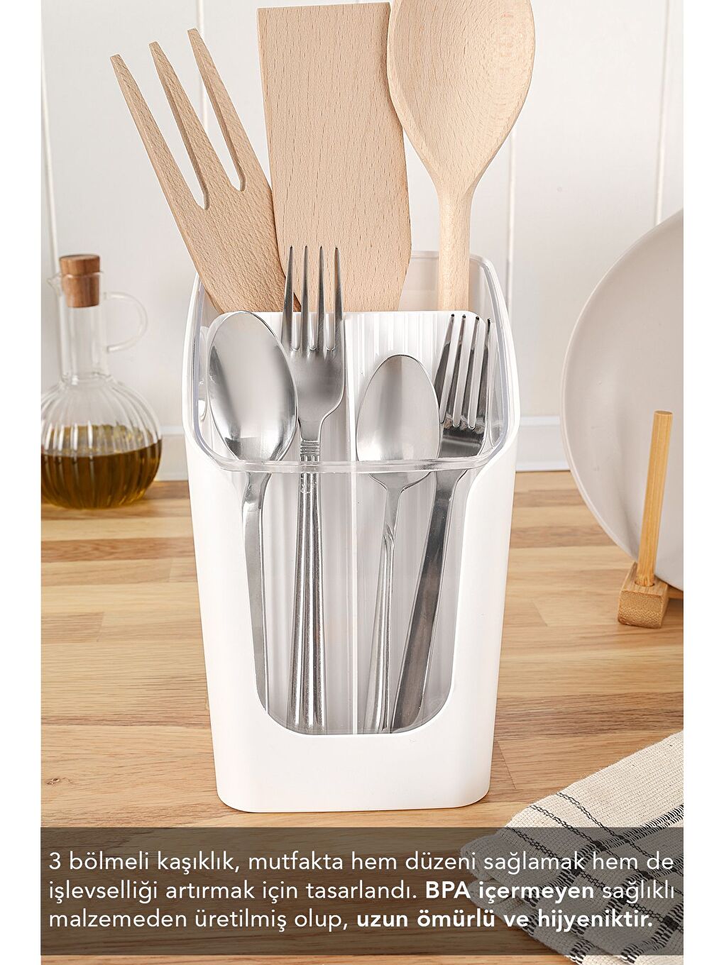 3 Bölmeli Tezgah Üstü Kaşıklık - Çıkarılabilir Bölmeli Kaşık Bıçak Standı Mutfak Organizer Beyaz-2