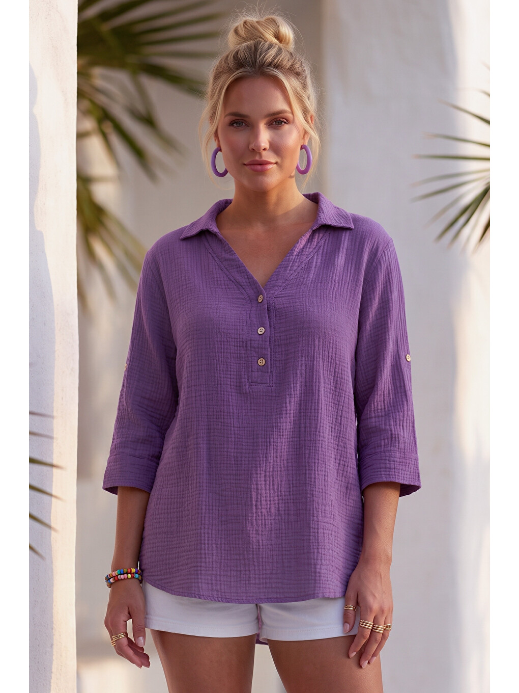 Lila Gömlek Yaka Düğmeli 3/4 Kol Casual Müslin Oversize Dokuma 67 67-6