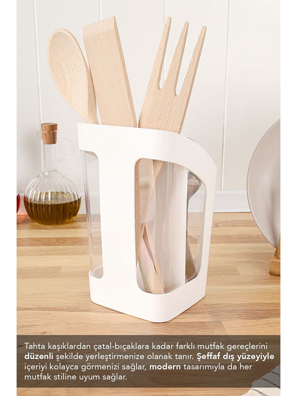 3 Bölmeli Tezgah Üstü Kaşıklık - Çıkarılabilir Bölmeli Kaşık Bıçak Standı Mutfak Organizer Beyaz-3