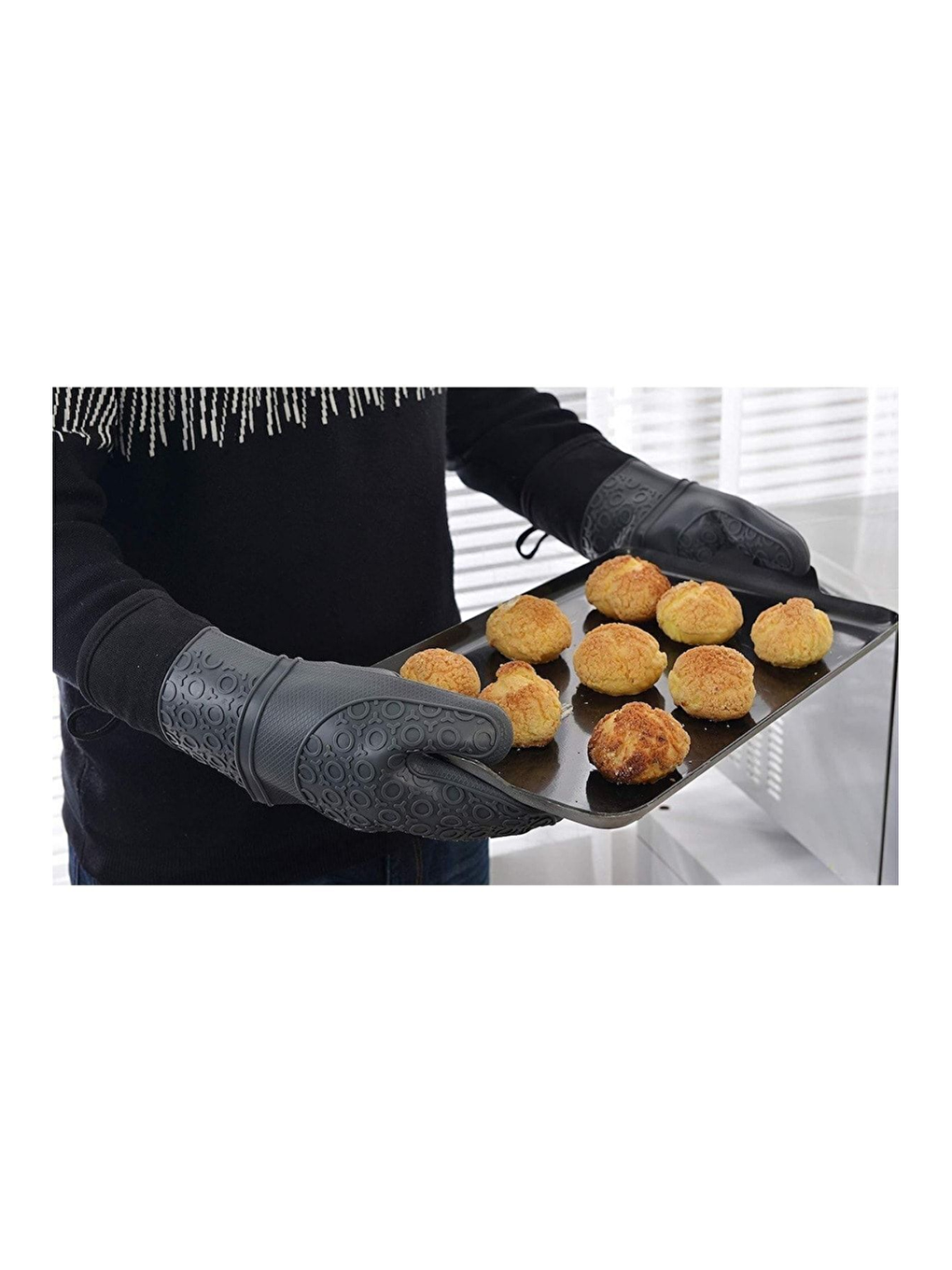 Antrasit Gri Silikon Yanmaz Yapışmaz Isı Yalıtımlı Mutfak Fırın Eldiveni 37 cm-2