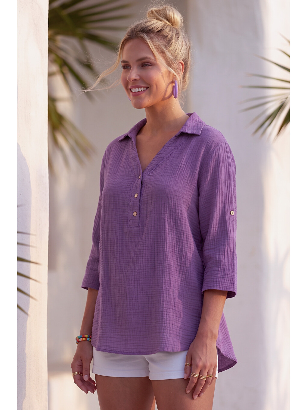 Lila Gömlek Yaka Düğmeli 3/4 Kol Casual Müslin Oversize Dokuma 67 67-7