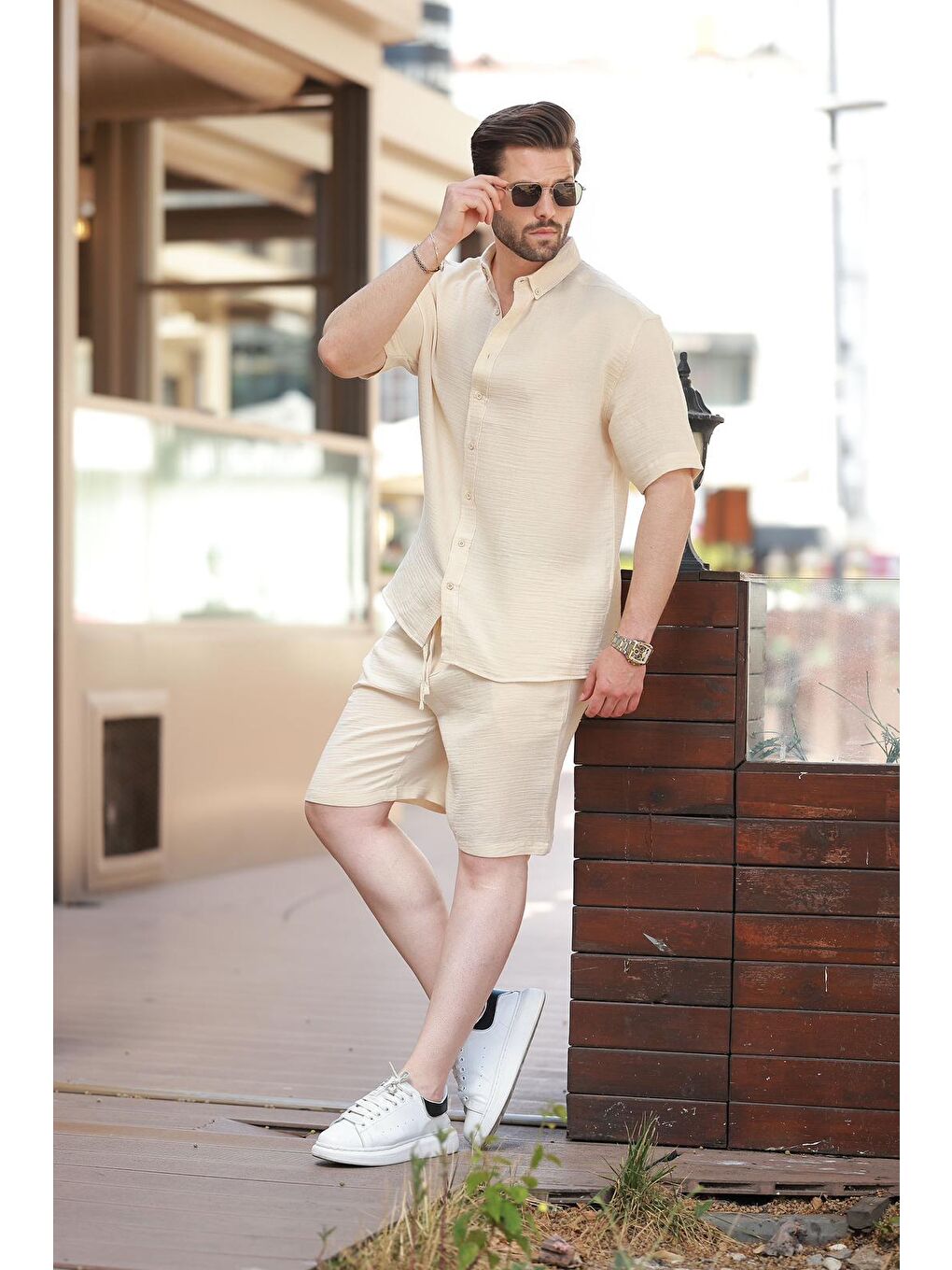 Bej Basic Erkek Şort Gömlek Takım E7321-2