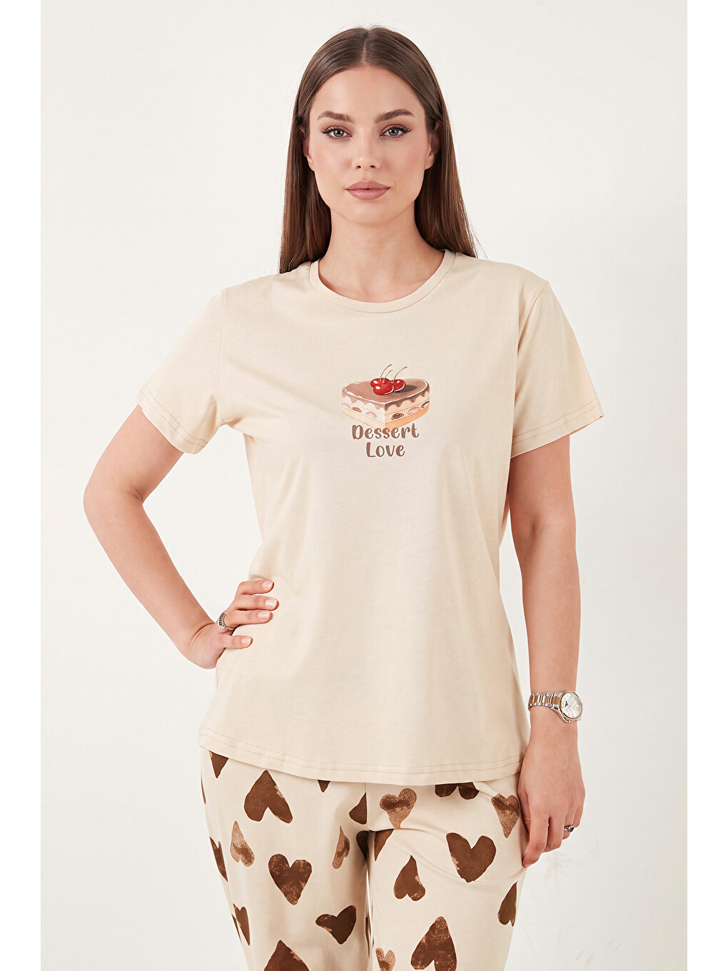 Kahverengi % 100 Pamuk Regular Fit Desenli Bisiklet Yaka Kadın Pijama Takımı 65790784-3