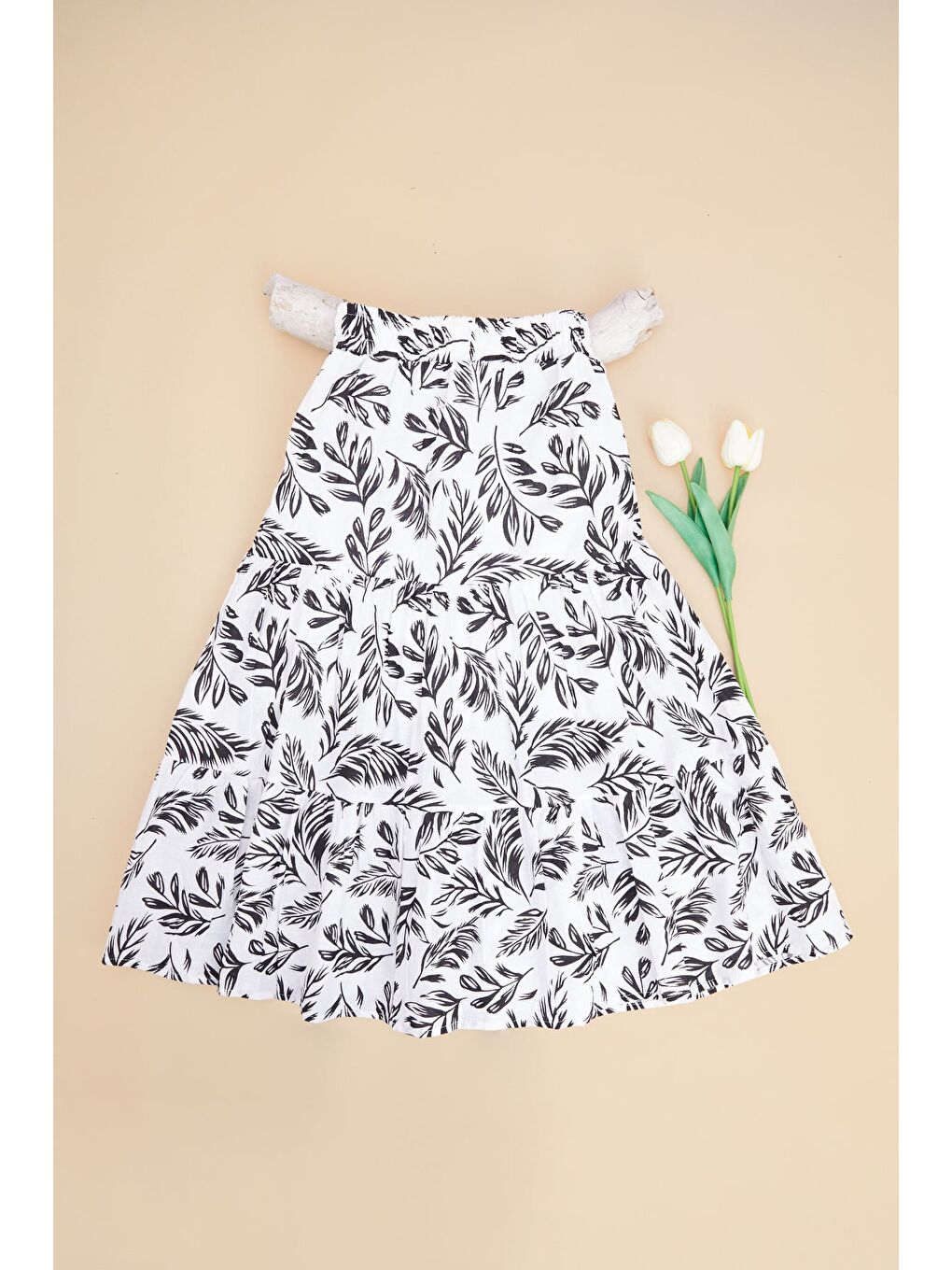 Beyaz Yaprak Desenli Beli Lastikli Katlı Kız Çocuk Etek-1