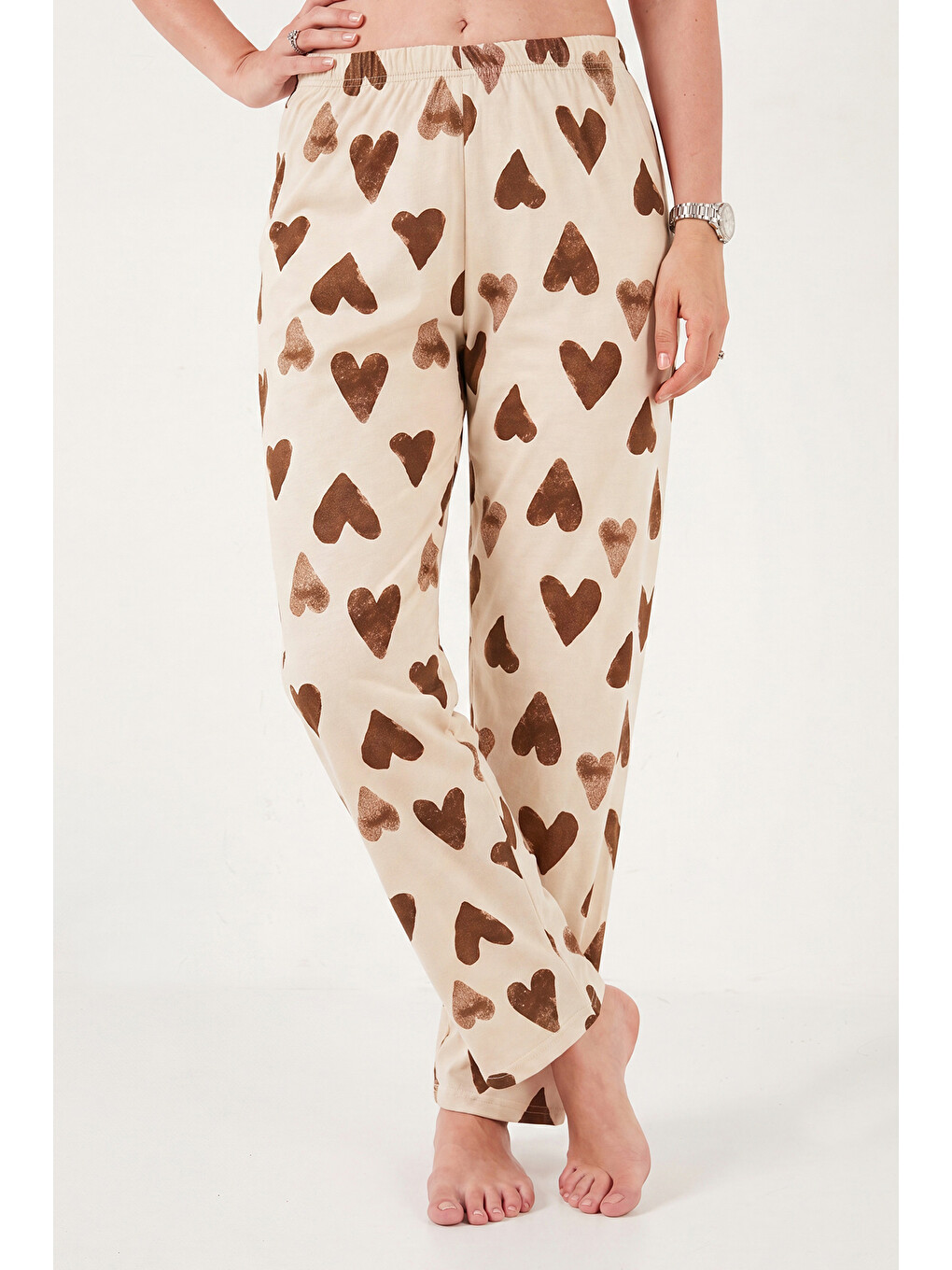 Kahverengi % 100 Pamuk Regular Fit Desenli Bisiklet Yaka Kadın Pijama Takımı 65790784-4