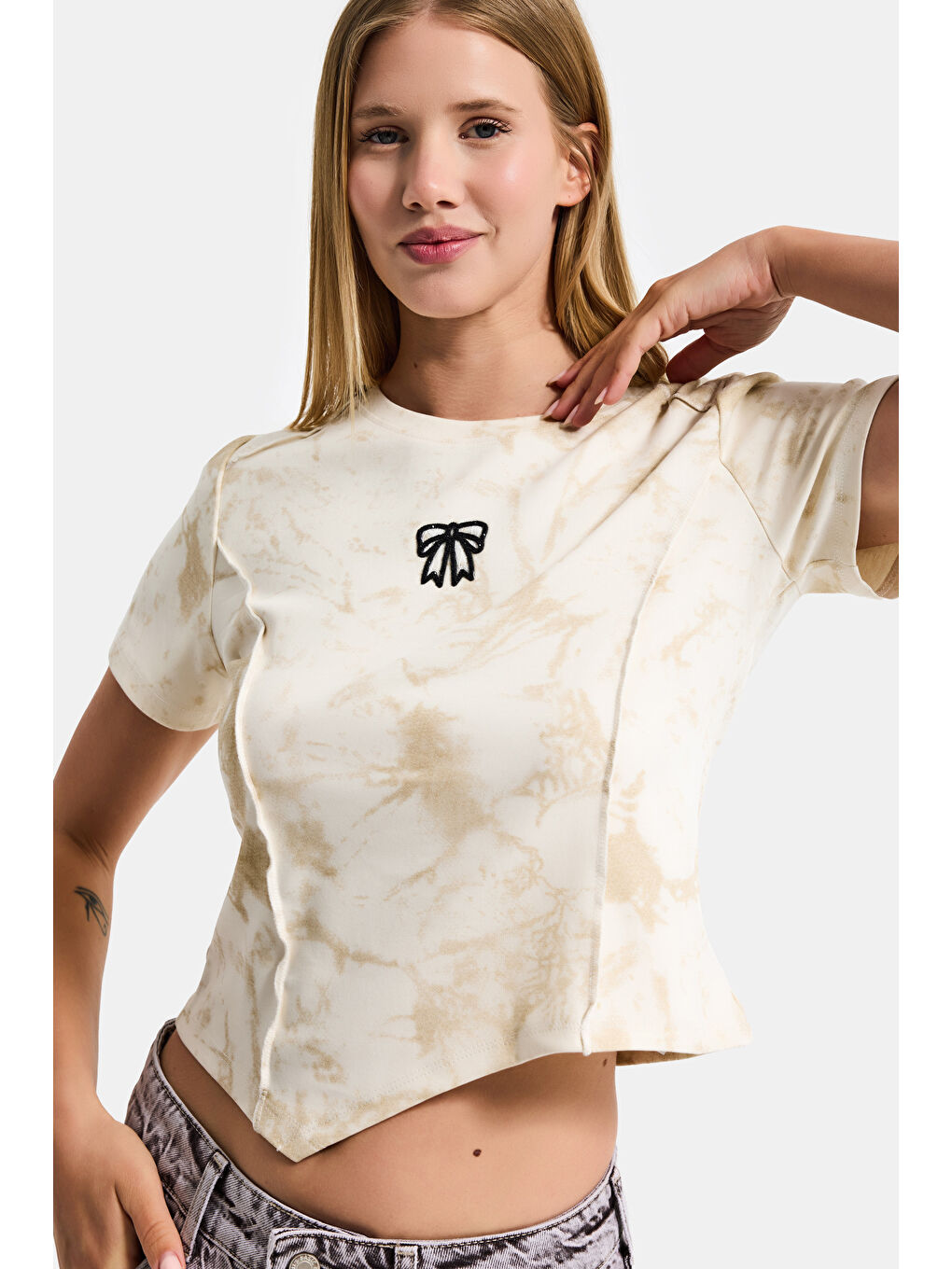 Kadın Bej Ekru w5 Özel Kumaş Elastan Crop Top