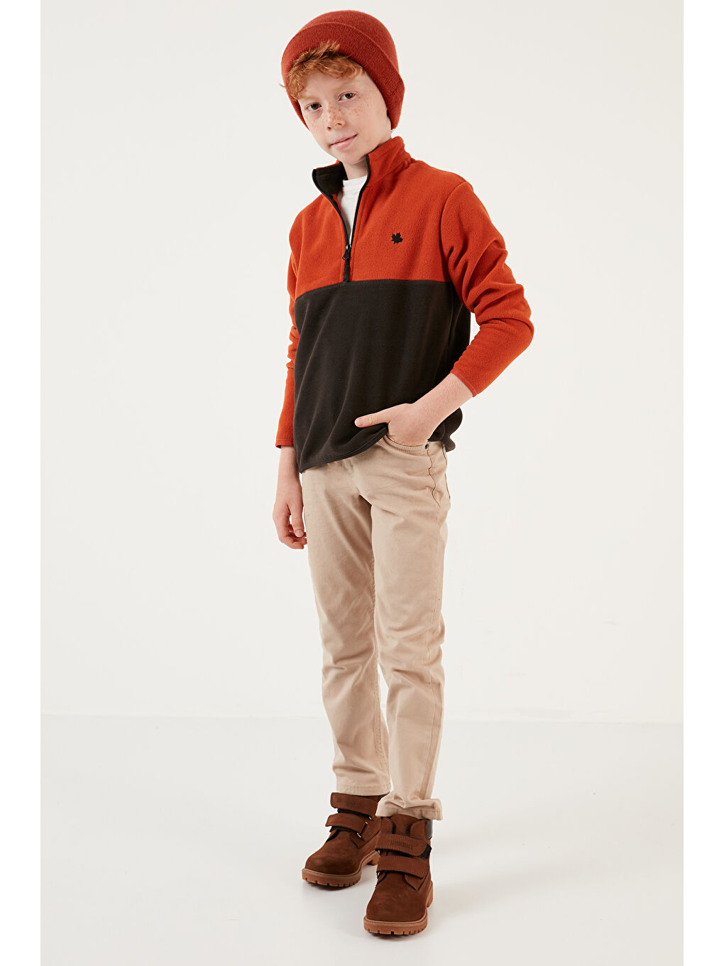 Kırmızı Yumuşak Dokulu Yarım Fermuarlı Renk Bloklu Dik Yaka 2'li Paket Polar 5905004S2-3