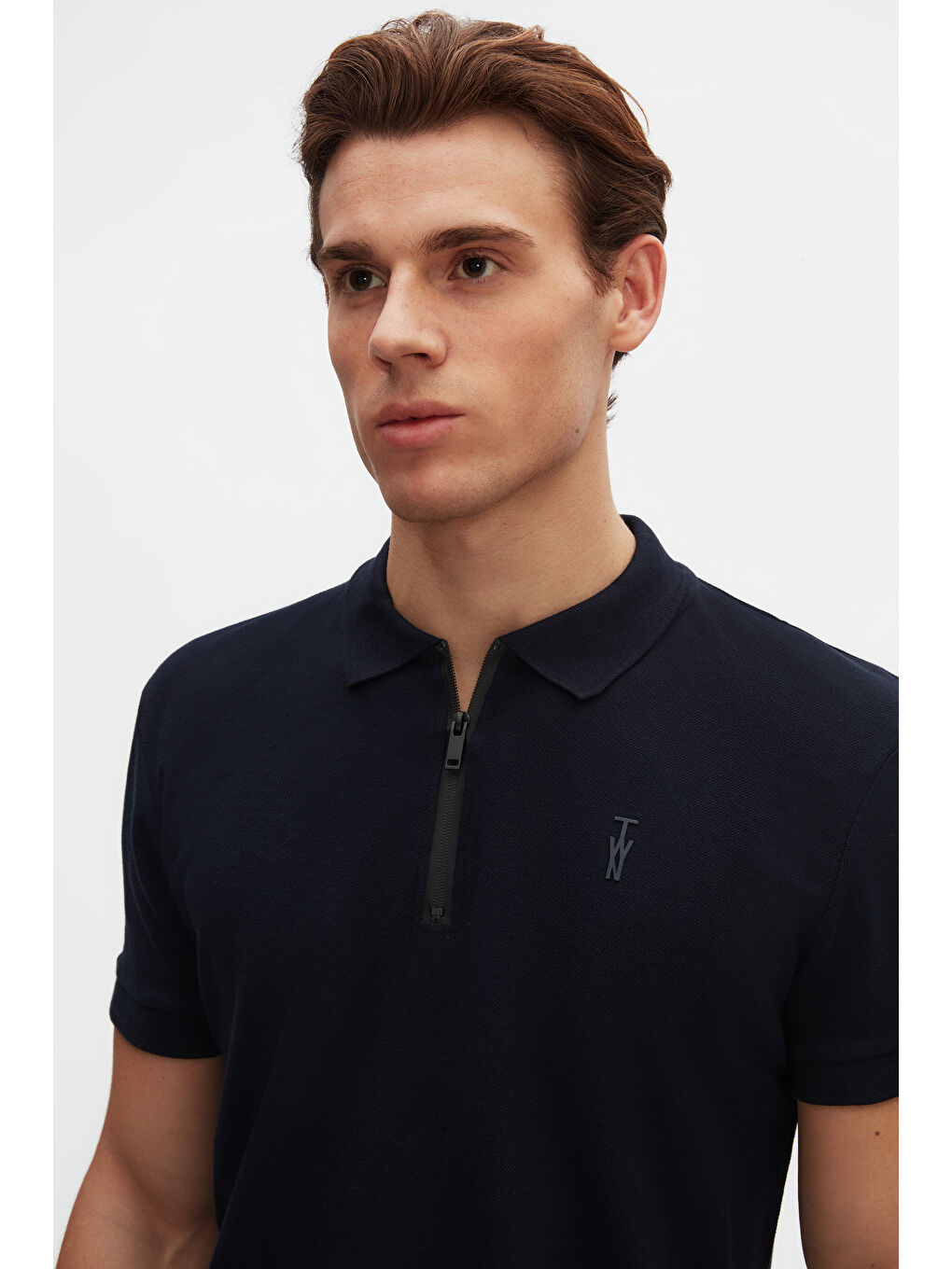 Slim Fit Lacivert Pike Dokulu Yarım Fermuarlı Polo Yaka T-Shirt-1