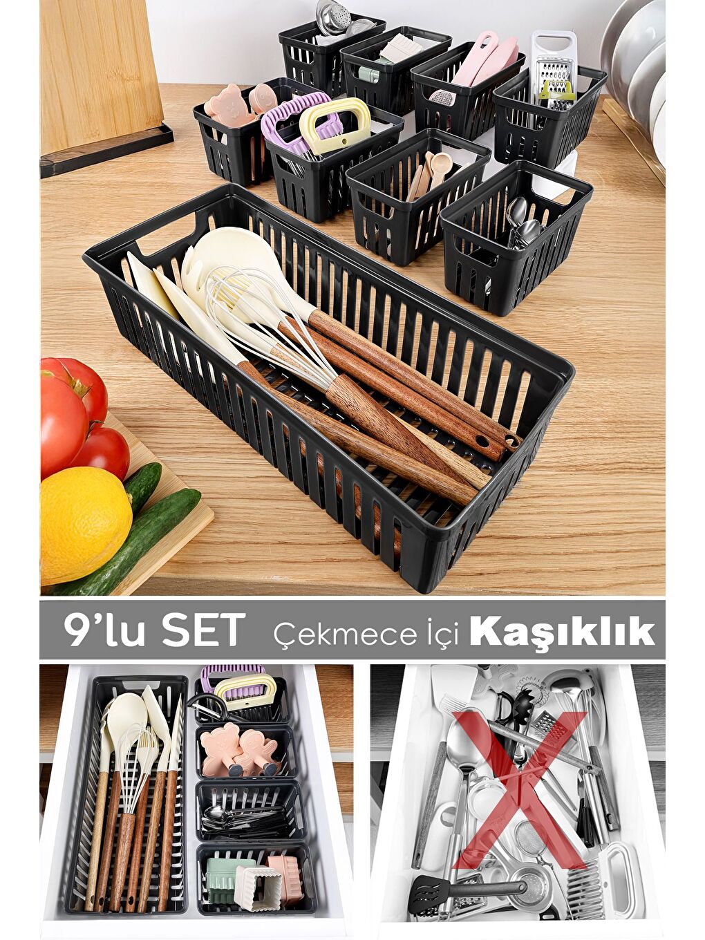 9 Parça Modüler Kaşıklık Seti - Çok Amaçlı Çekmece İçi Düzenleyici Mutfak Organizer Kepçelik Siyah