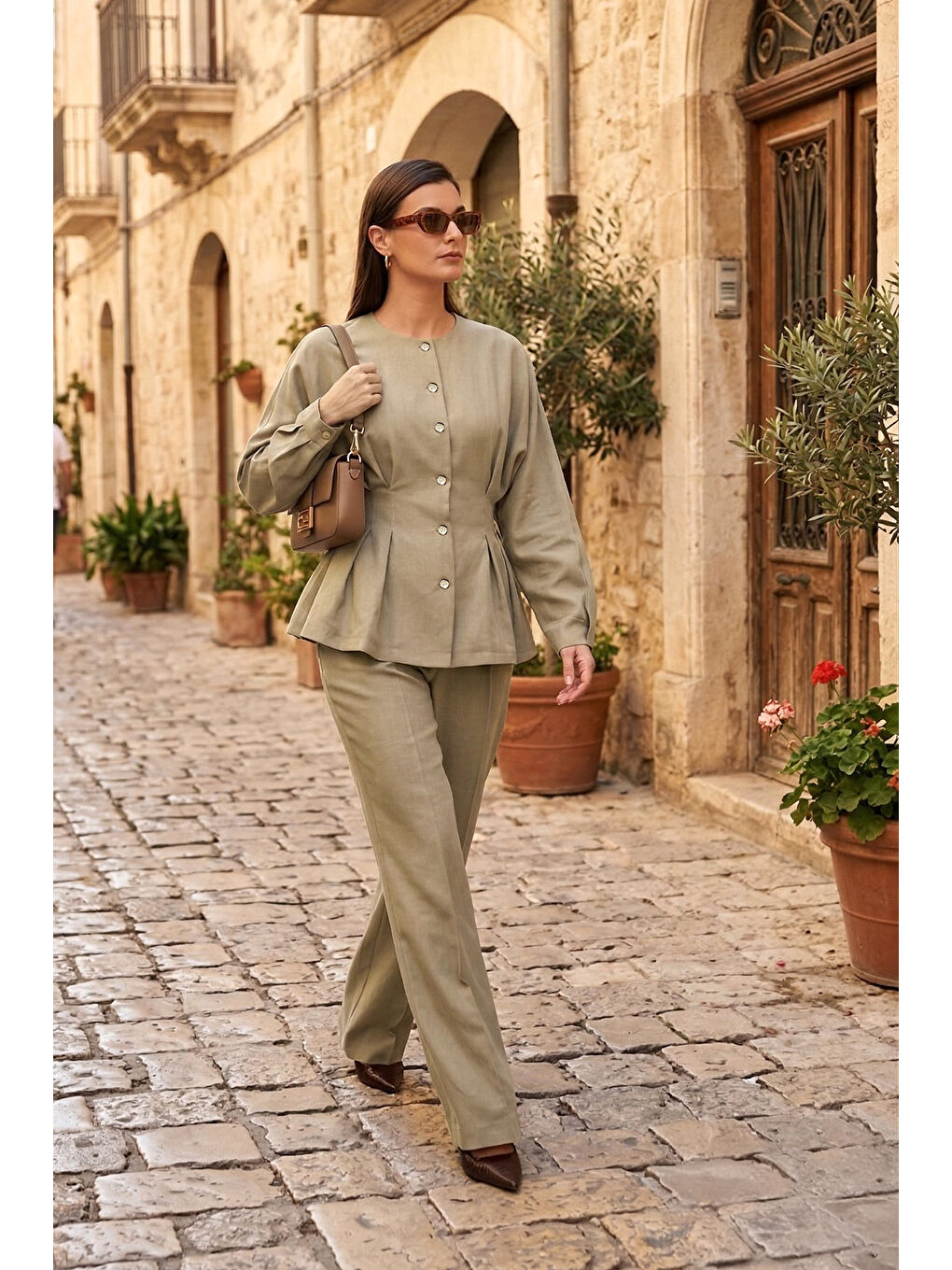 Yeşil Düğmeli Bisiklet Yaka Yüksek Bel Geniş Paça Kadın Takım 6928930