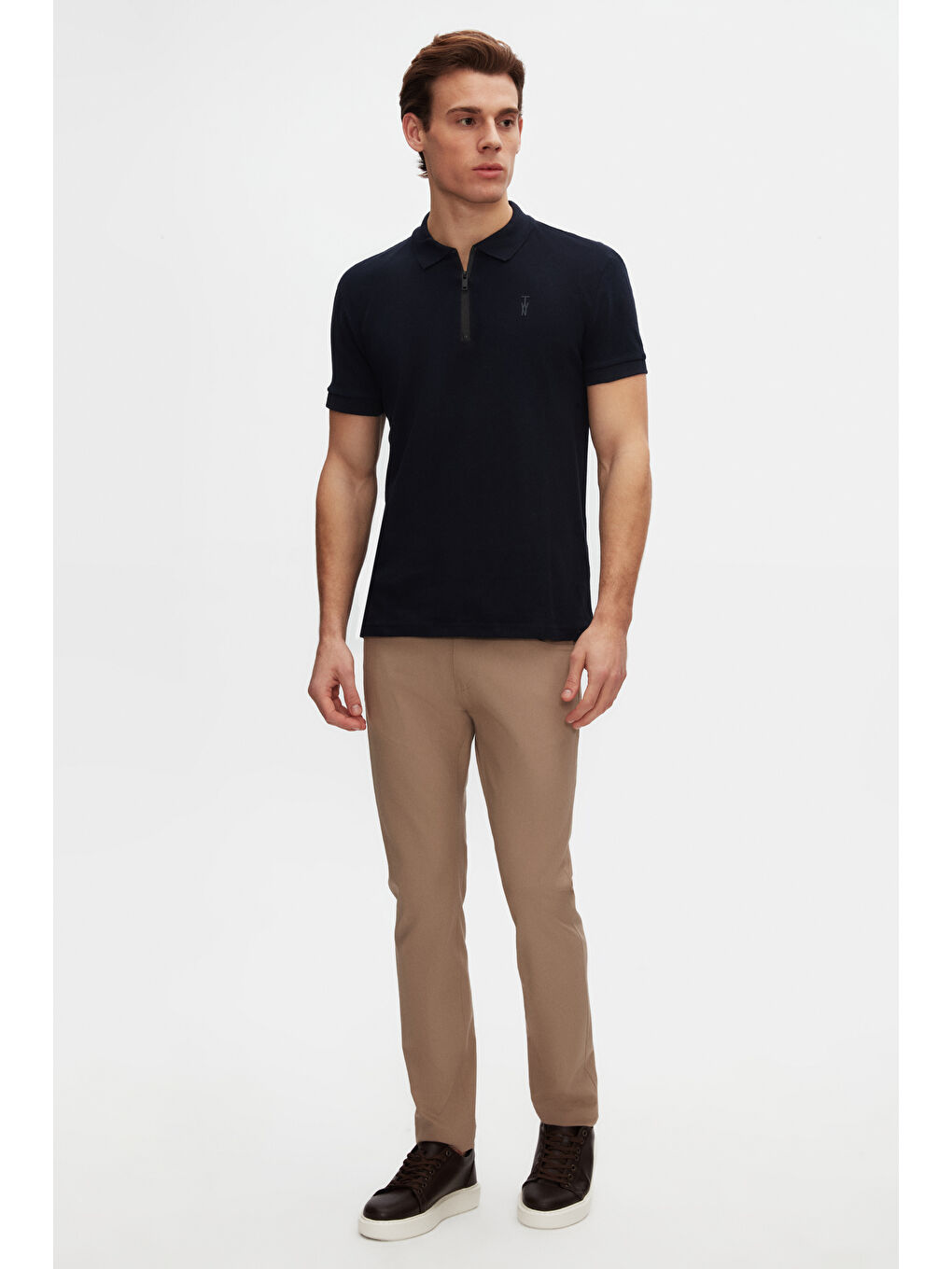 Slim Fit Lacivert Pike Dokulu Yarım Fermuarlı Polo Yaka T-Shirt-3