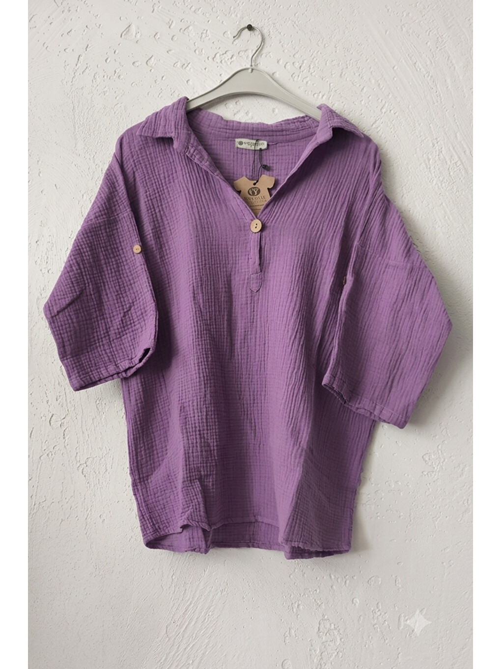 Lila Gömlek Yaka Düğmeli 3/4 Kol Casual Müslin Oversize Dokuma 67 55-1