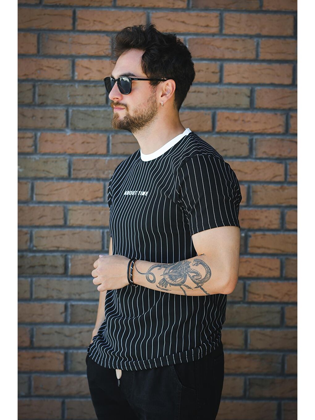 Siyah About Baskılı Çizgili Bisiklet Yaka Slim Fit Erkek Tshirt-2