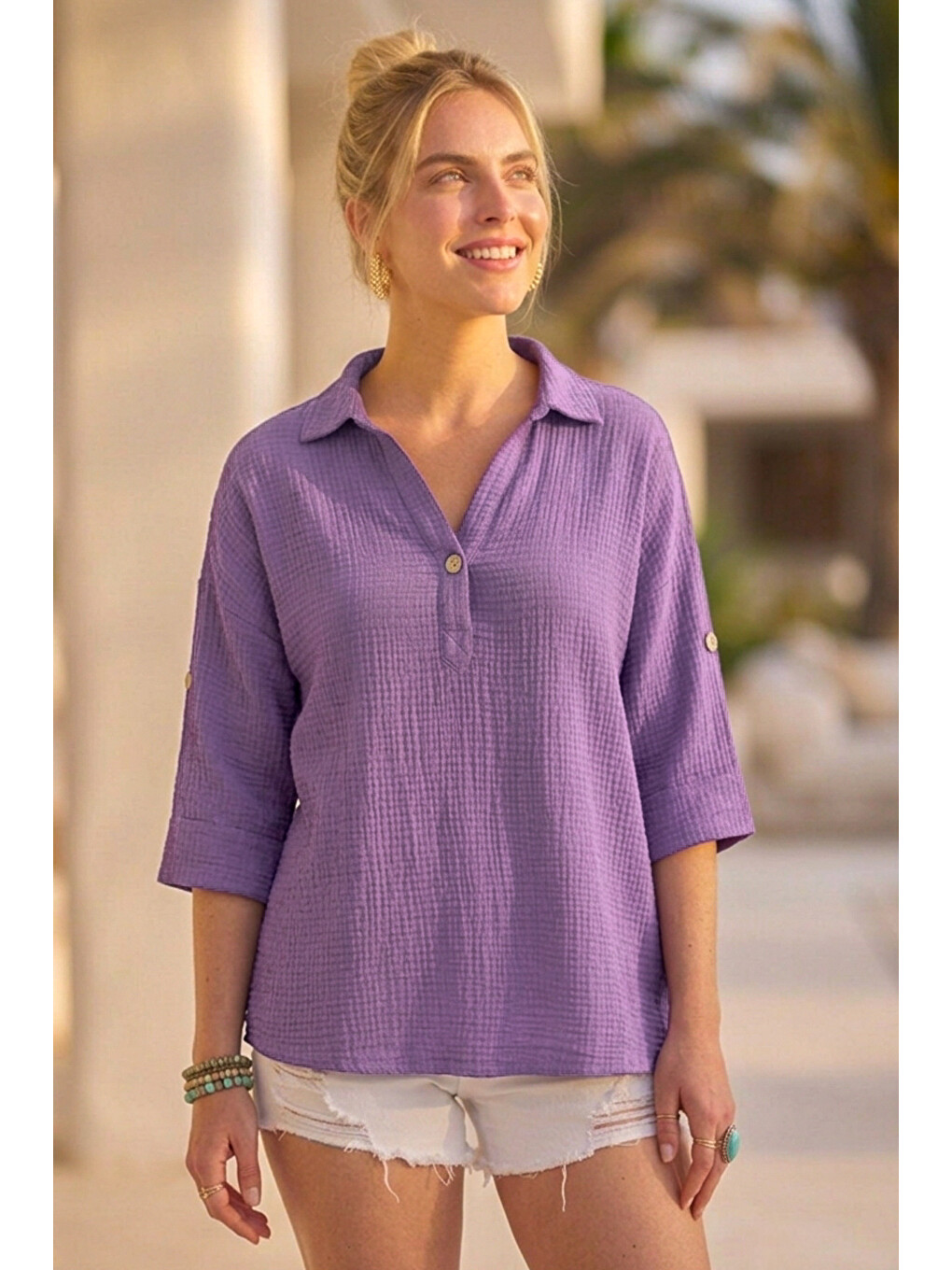 Lila Gömlek Yaka Düğmeli 3/4 Kol Casual Müslin Oversize Dokuma 67 55-2