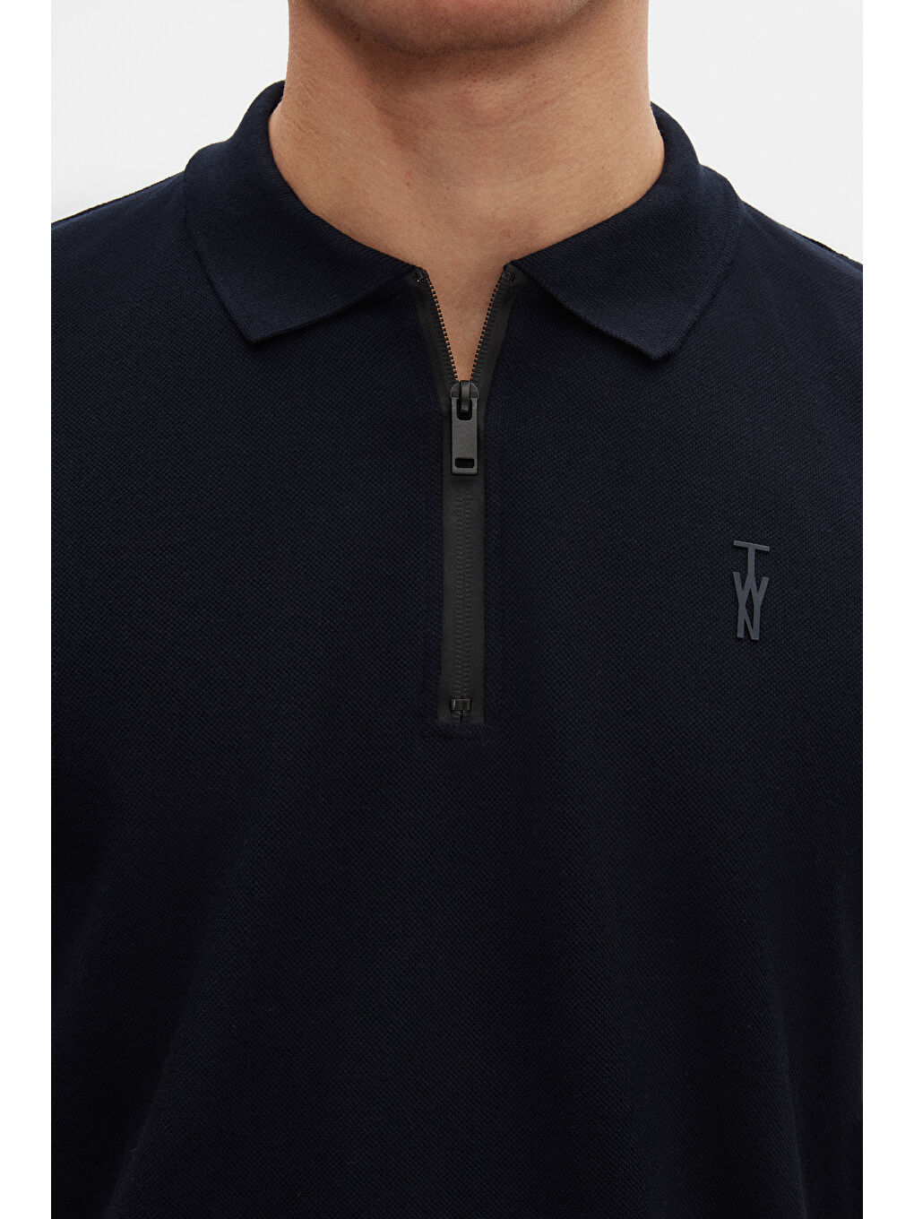 Slim Fit Lacivert Pike Dokulu Yarım Fermuarlı Polo Yaka T-Shirt-5