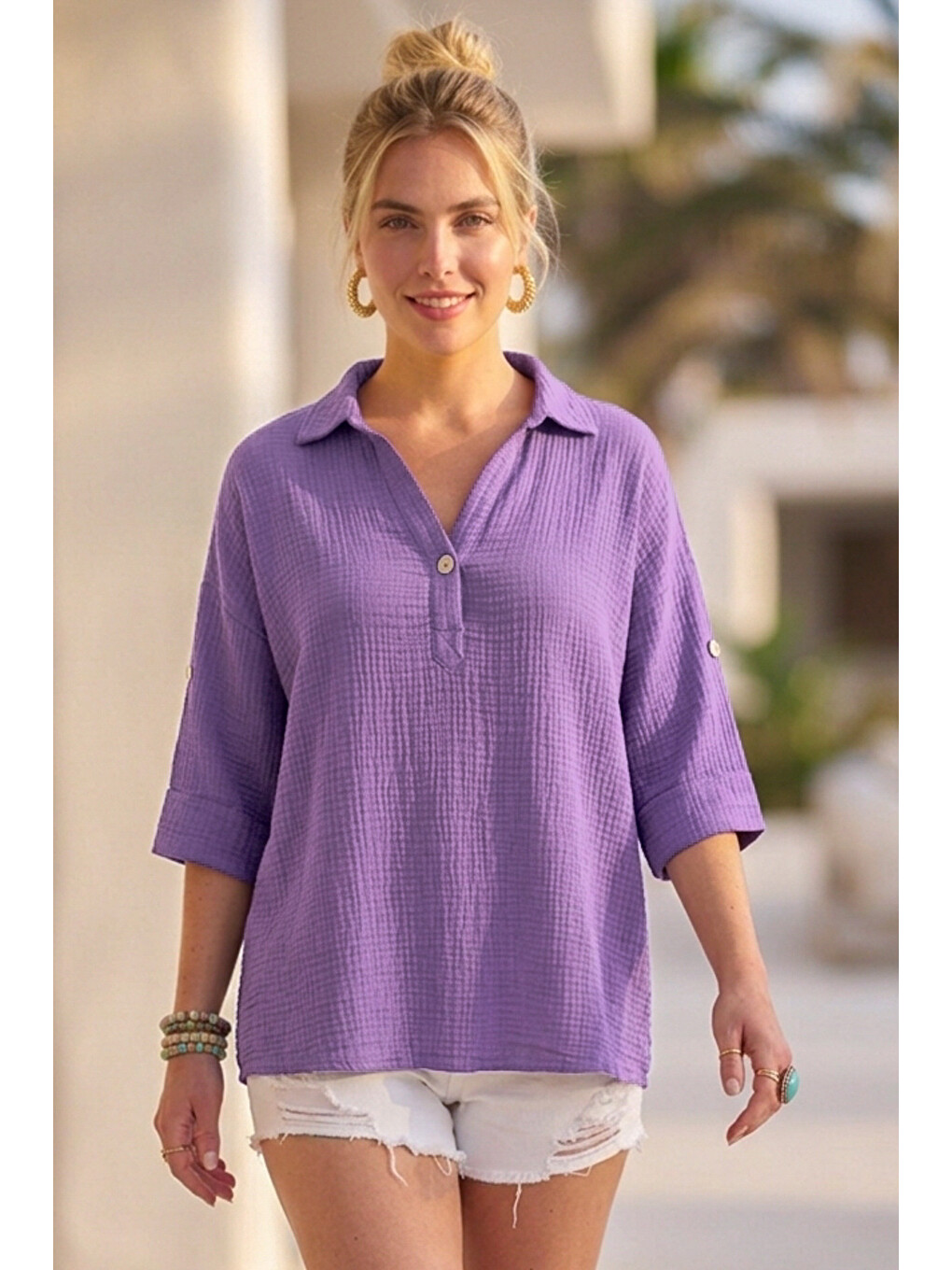 Lila Gömlek Yaka Düğmeli 3/4 Kol Casual Müslin Oversize Dokuma 67 55-4