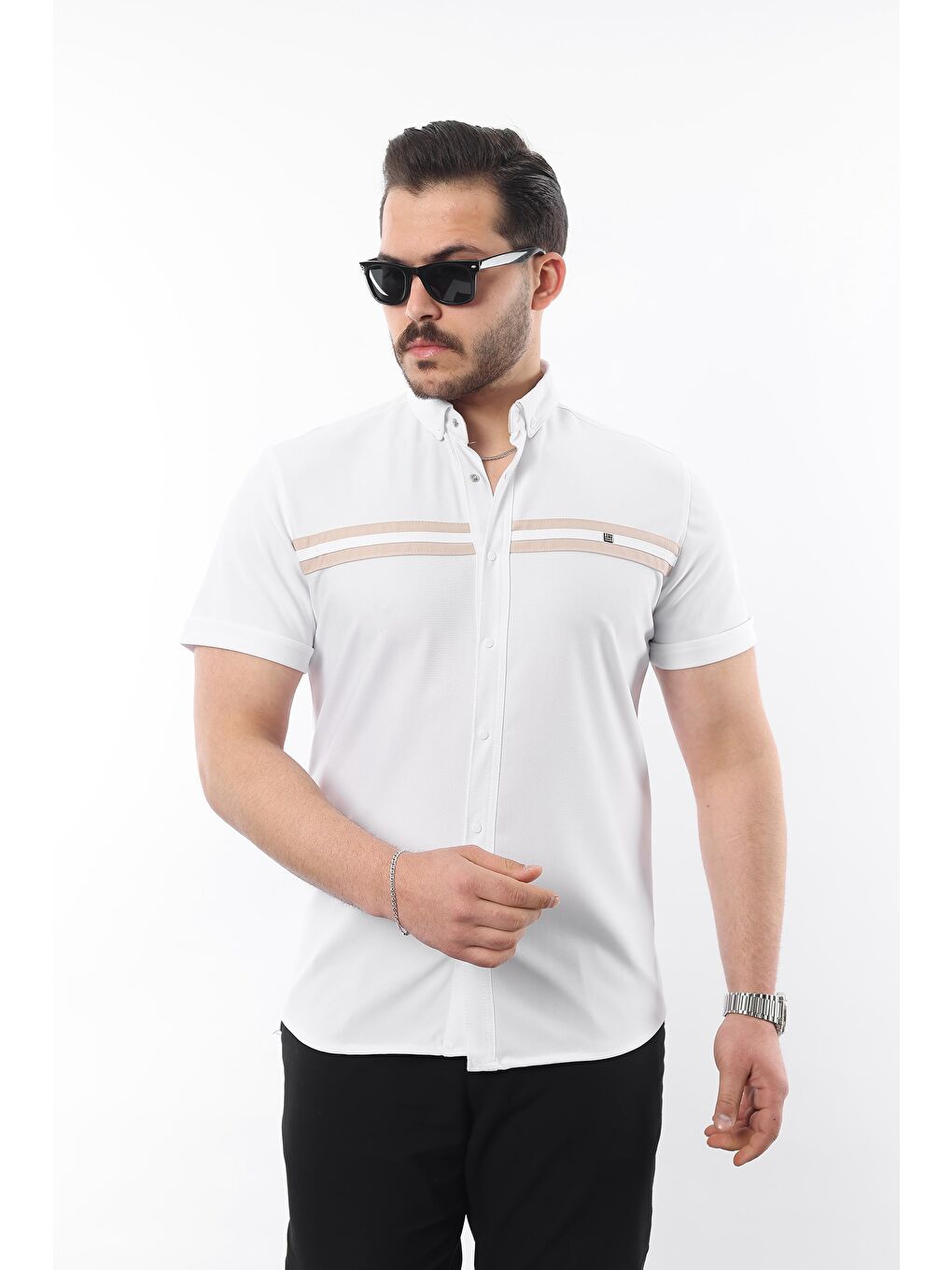 Beyaz Erkek Kısa Kollu Slim Fit Yazlık Çift Çizgili Gömlek