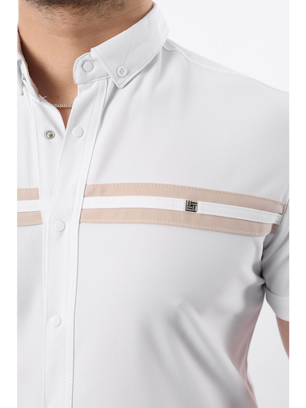 Beyaz Erkek Kısa Kollu Slim Fit Yazlık Çift Çizgili Gömlek-1