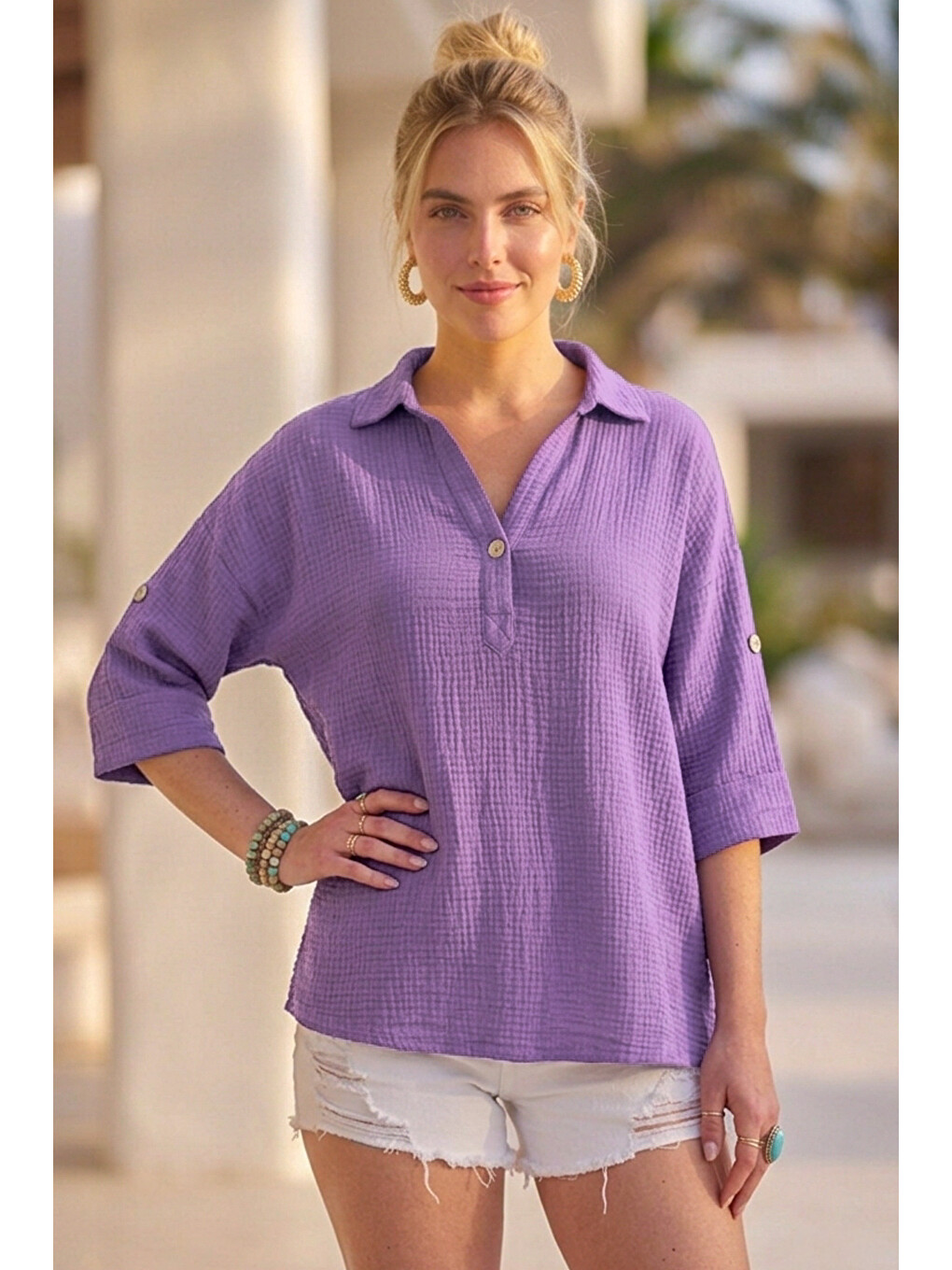Lila Gömlek Yaka Düğmeli 3/4 Kol Casual Müslin Oversize Dokuma 67 55-5