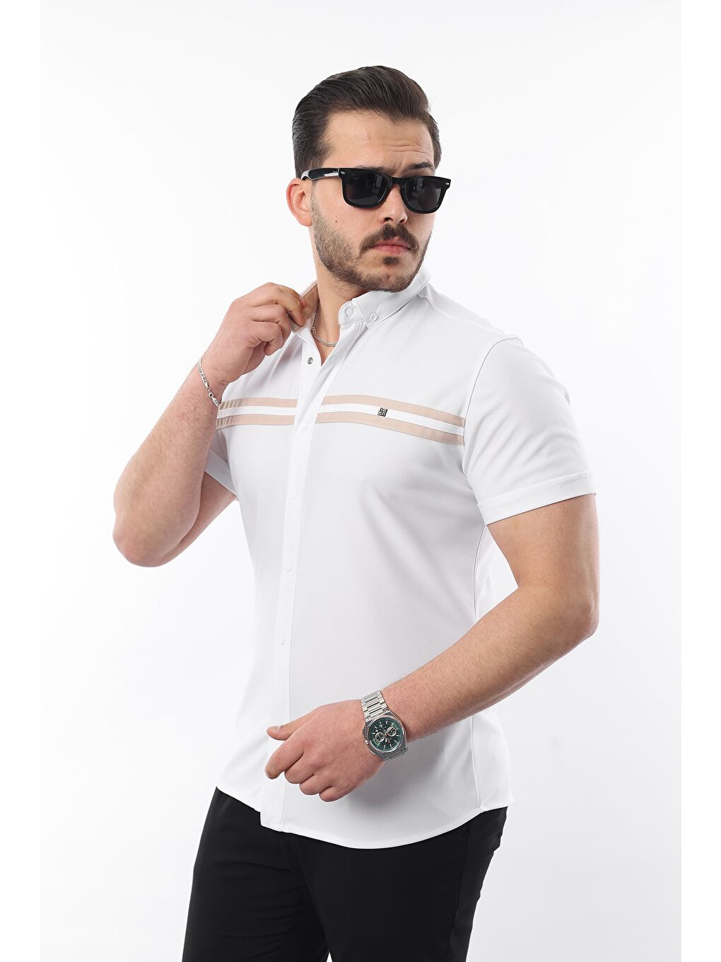 Beyaz Erkek Kısa Kollu Slim Fit Yazlık Çift Çizgili Gömlek-2