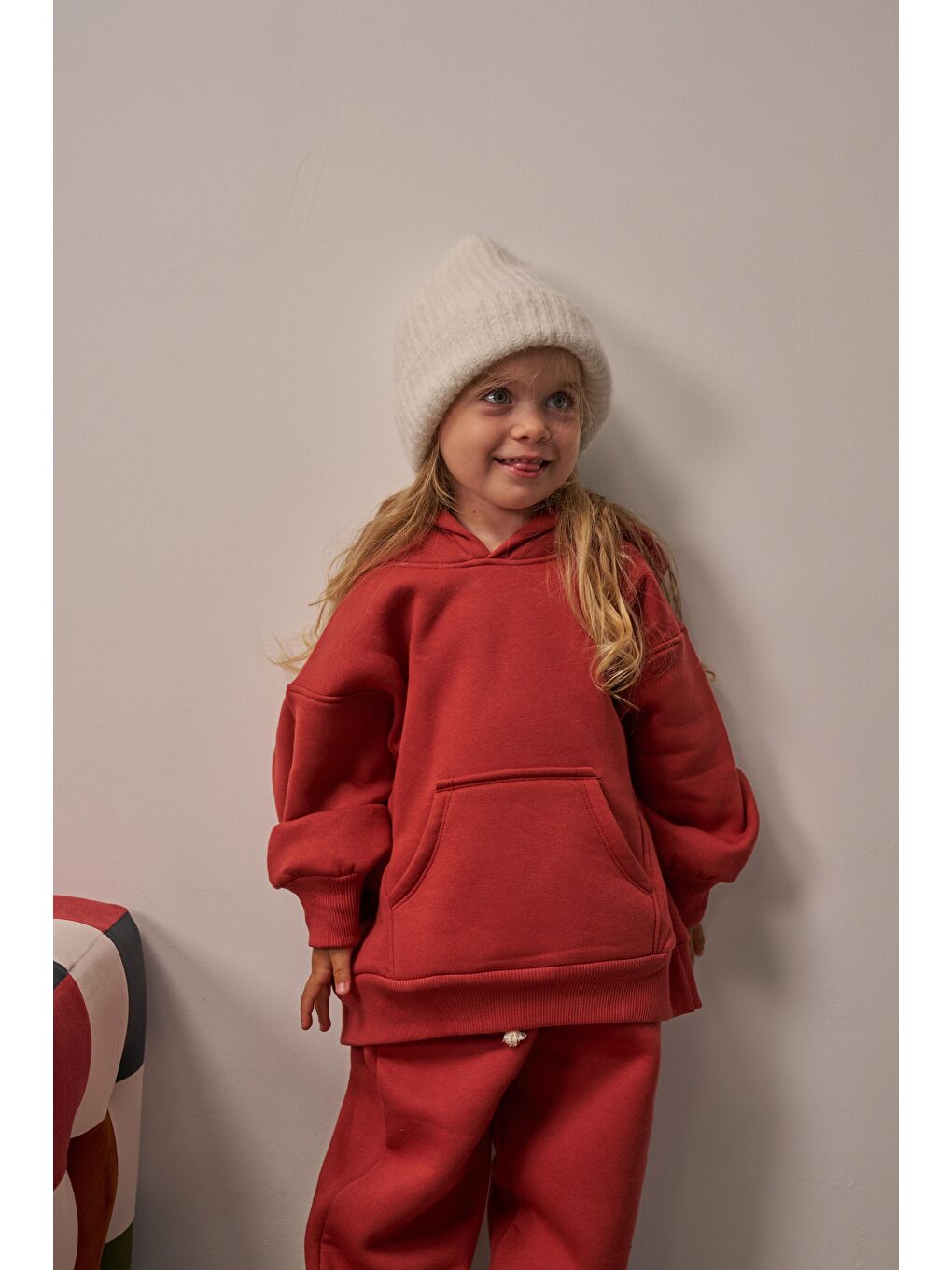 Turuncu Kiremit Çocuk Kanguru Cepli Oversize Eşofman Takımı-1