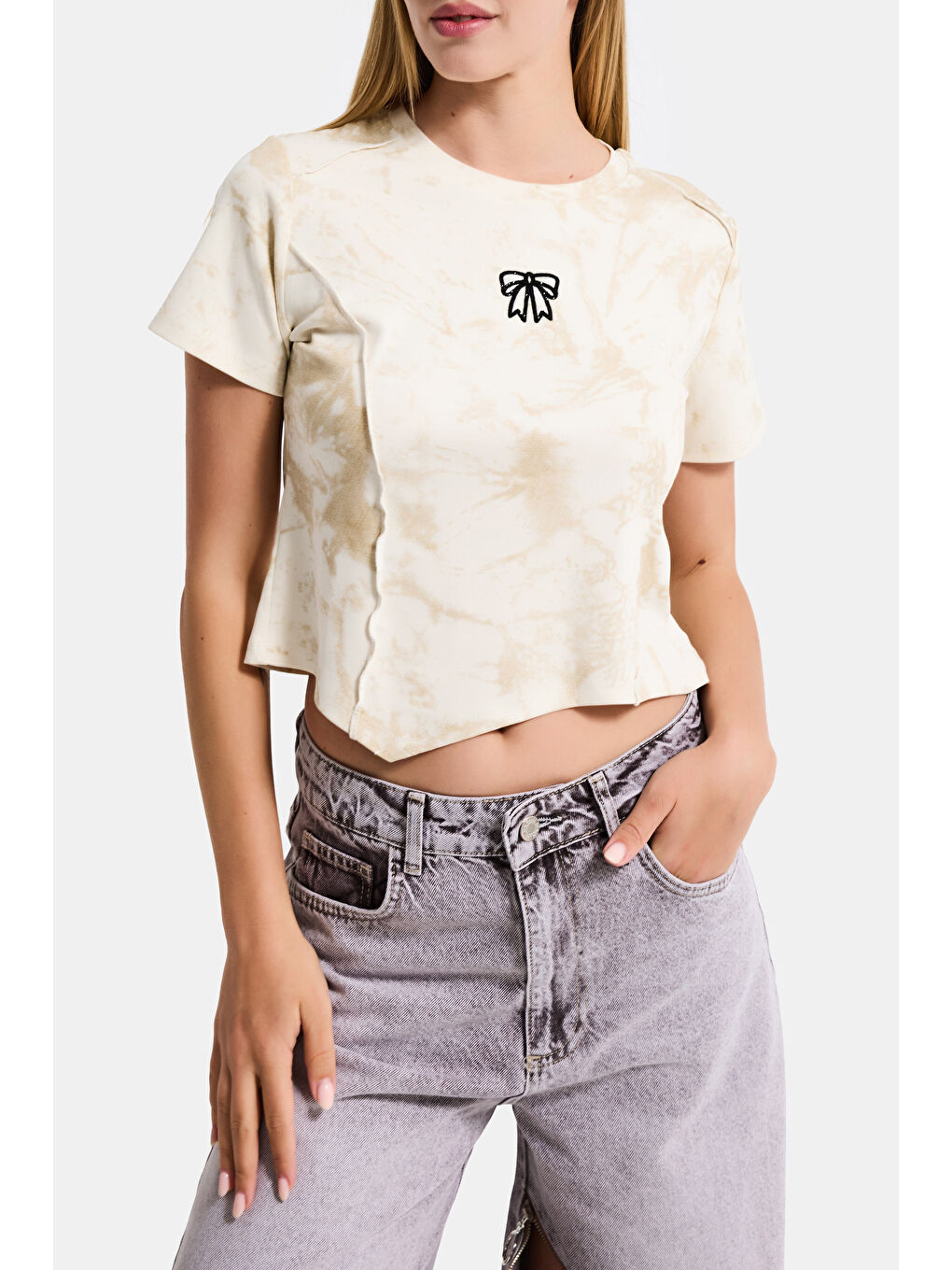 Kadın Bej Ekru w5 Özel Kumaş Elastan Crop Top-3