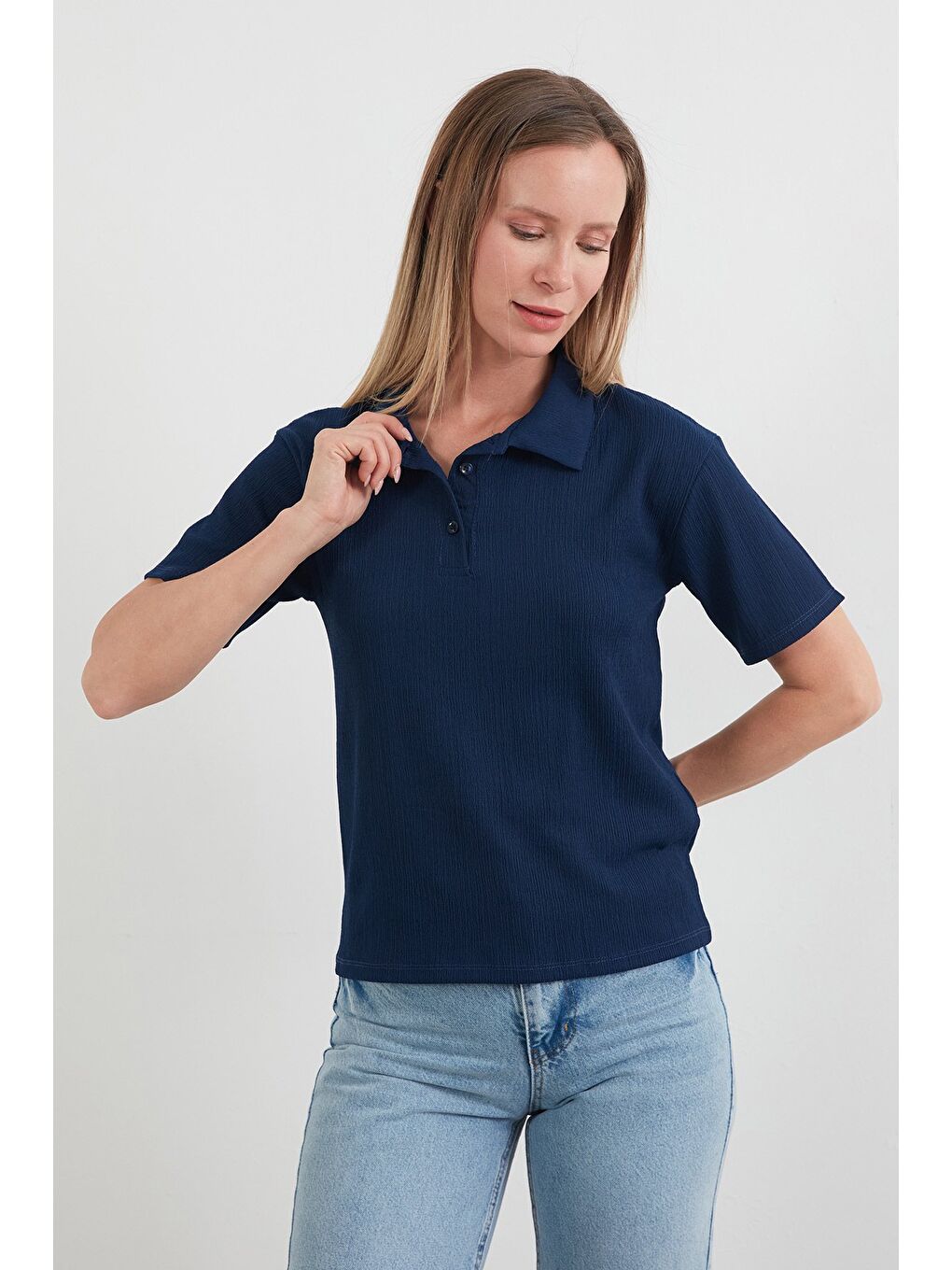 Lacivert Bürümcük Kumaş Düğmeli Polo Yaka Tişört-1