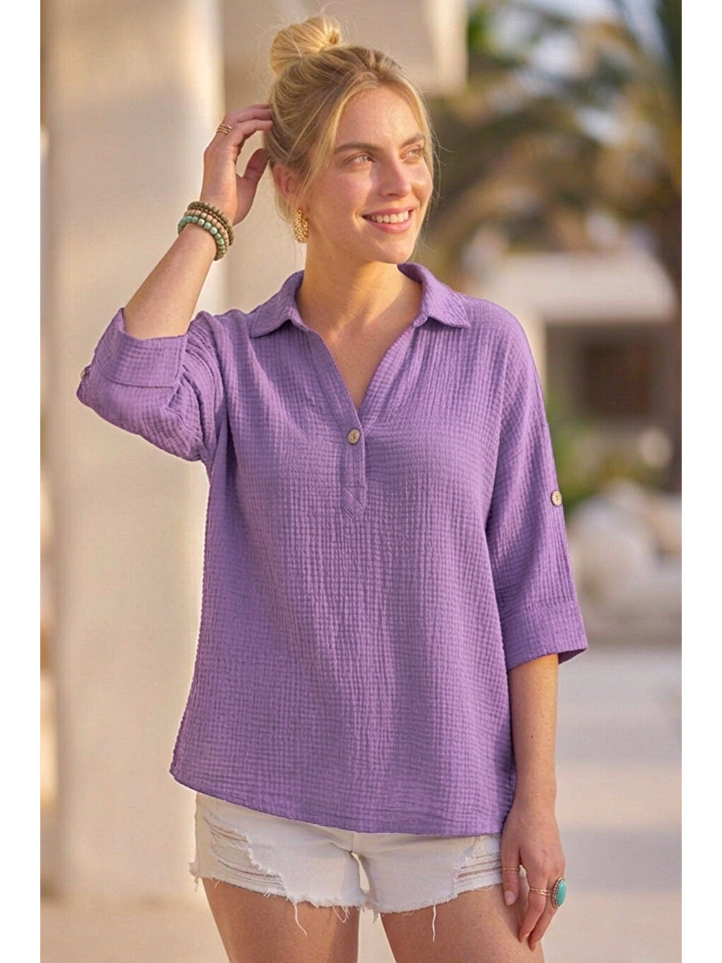 Lila Gömlek Yaka Düğmeli 3/4 Kol Casual Müslin Oversize Dokuma 67 55-6