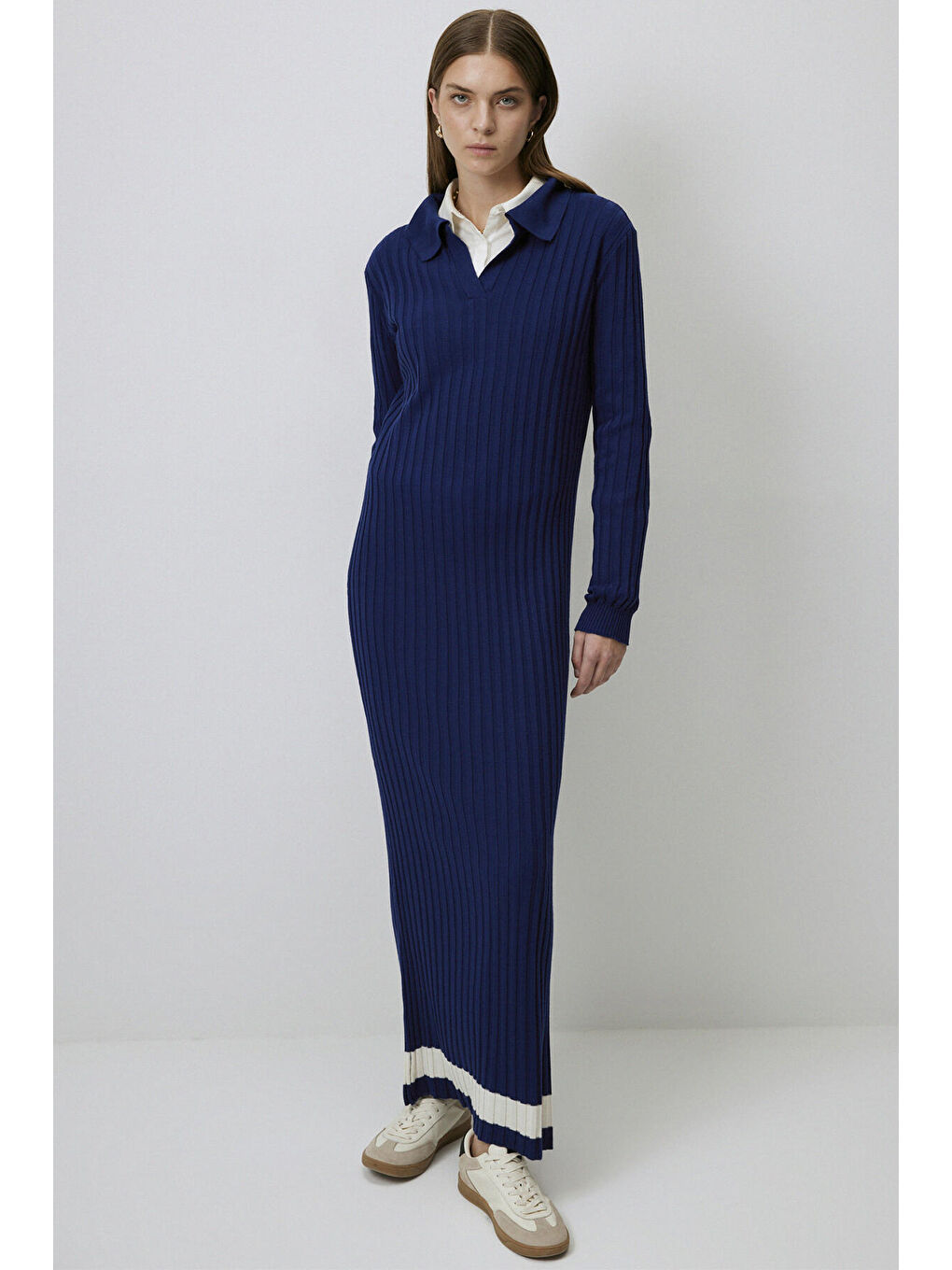 Lacivert Polo Yaka Triko Elbise-1