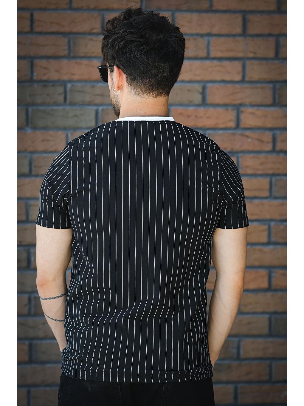 Siyah About Baskılı Çizgili Bisiklet Yaka Slim Fit Erkek Tshirt-3