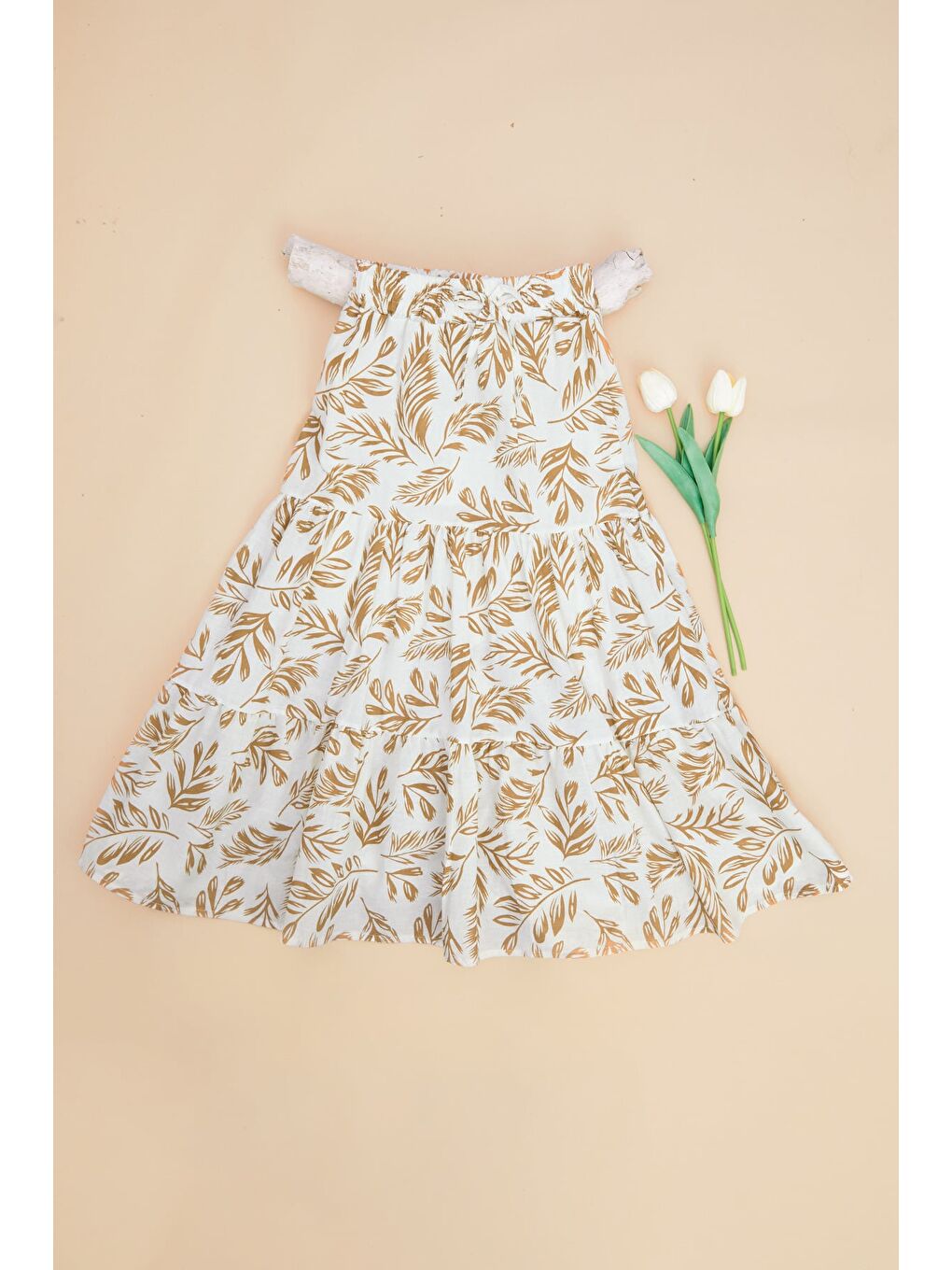 Bej Yaprak Desenli Beli Lastikli Katlı Kız Çocuk Etek