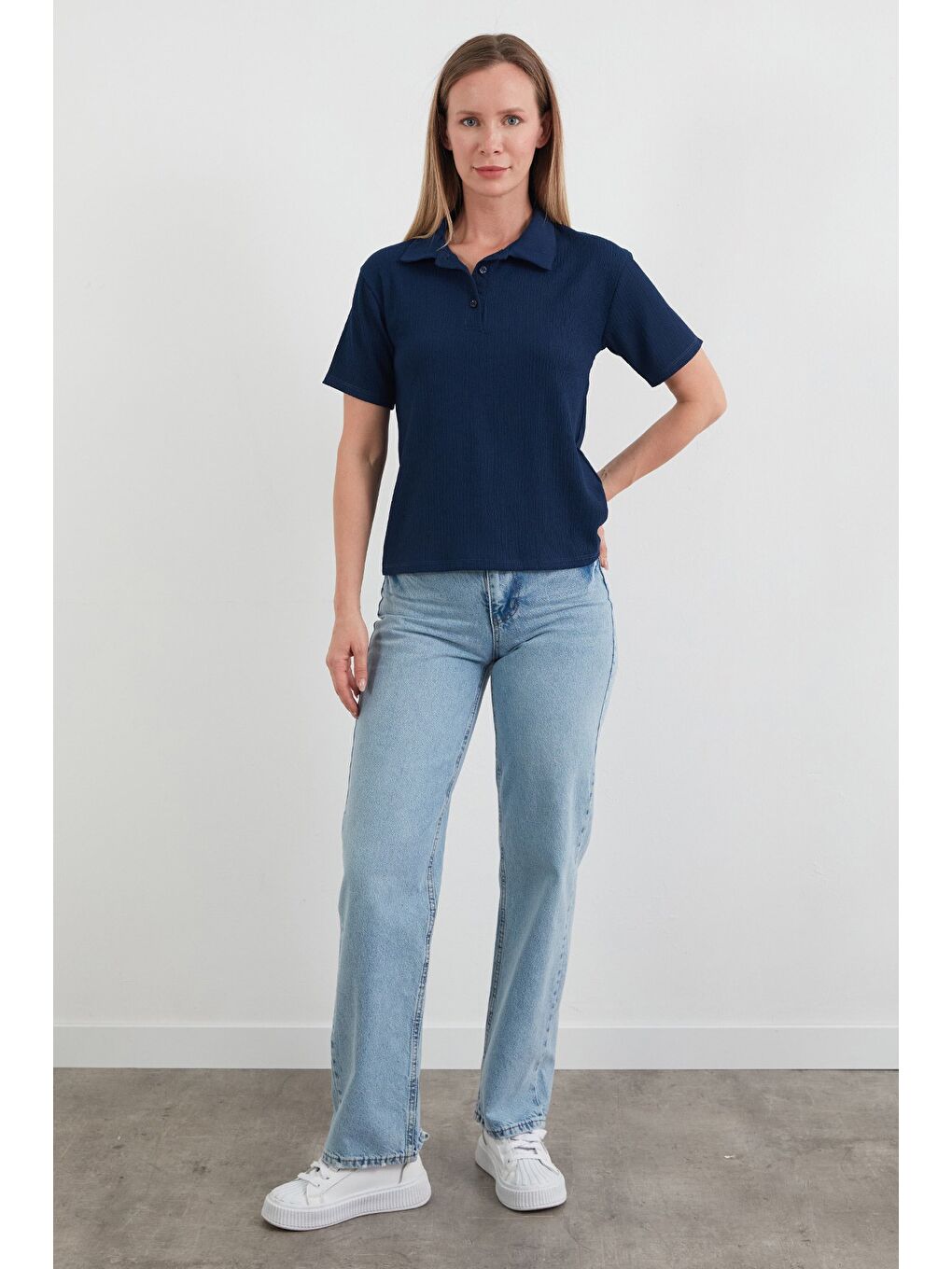 Lacivert Bürümcük Kumaş Düğmeli Polo Yaka Tişört-2